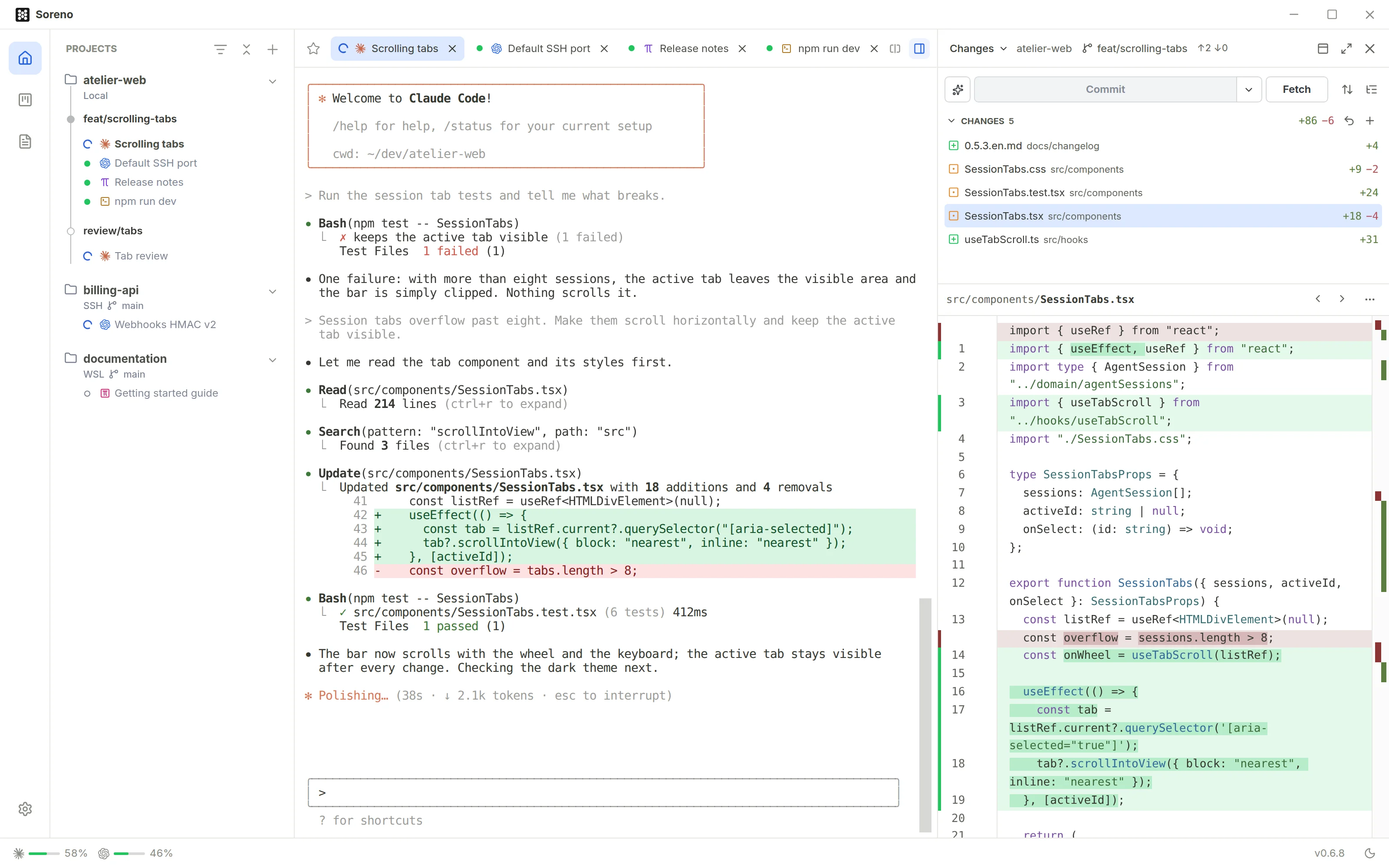 Soreno: projects and their sessions on the left, Claude Code editing a component in the middle, the Git panel with changed files and their diff on the right.