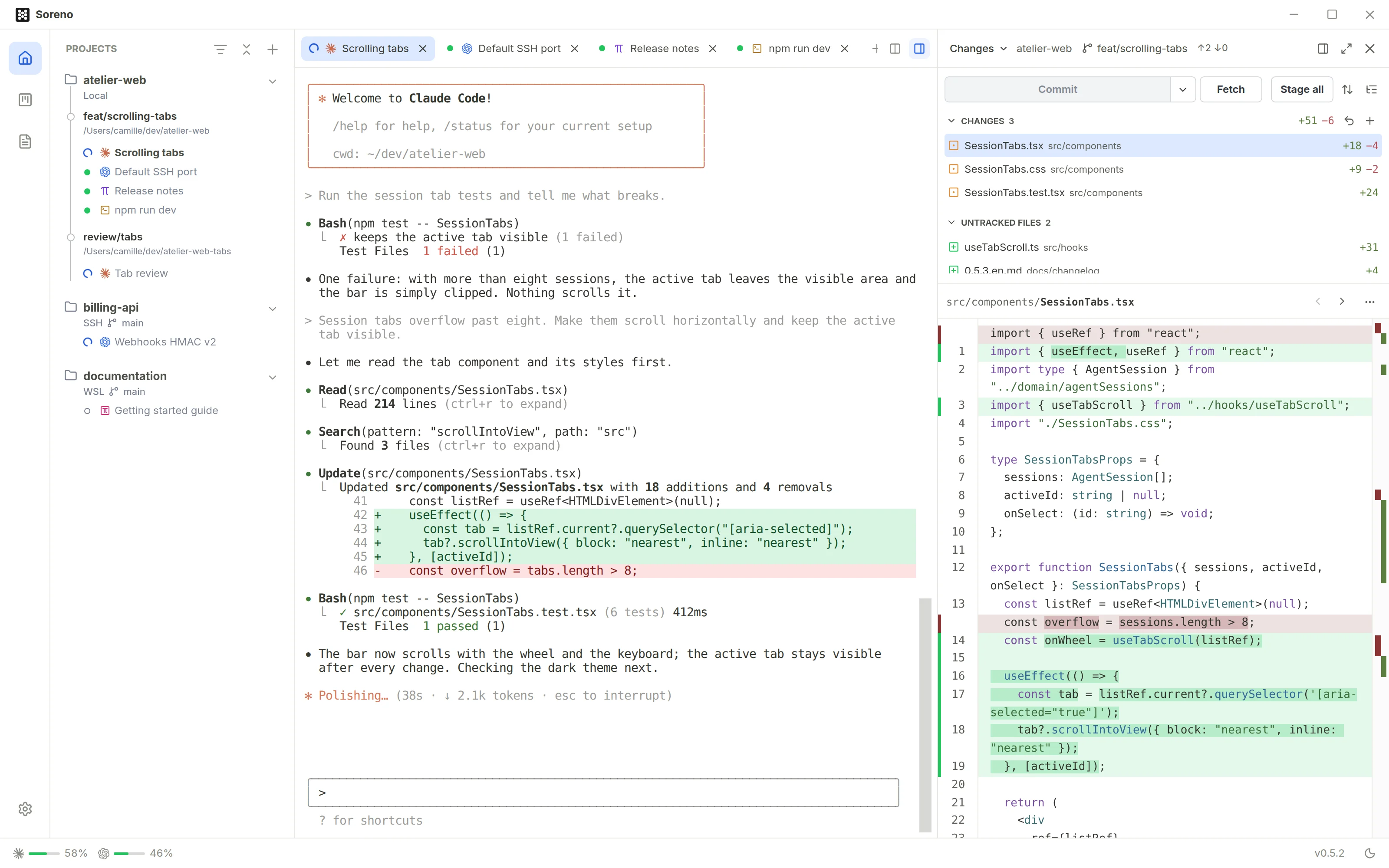 Soreno: projects and their sessions on the left, Claude Code editing a component in the middle, the Git panel with changed files and their diff on the right.