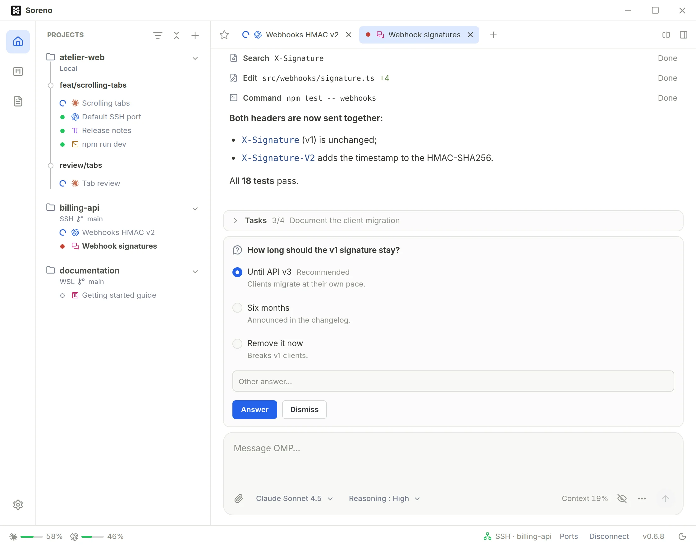 OMP asks how long the v1 signature should stay, with three answers and the recommended one selected. In the sidebar, the session is marked as waiting for an answer.