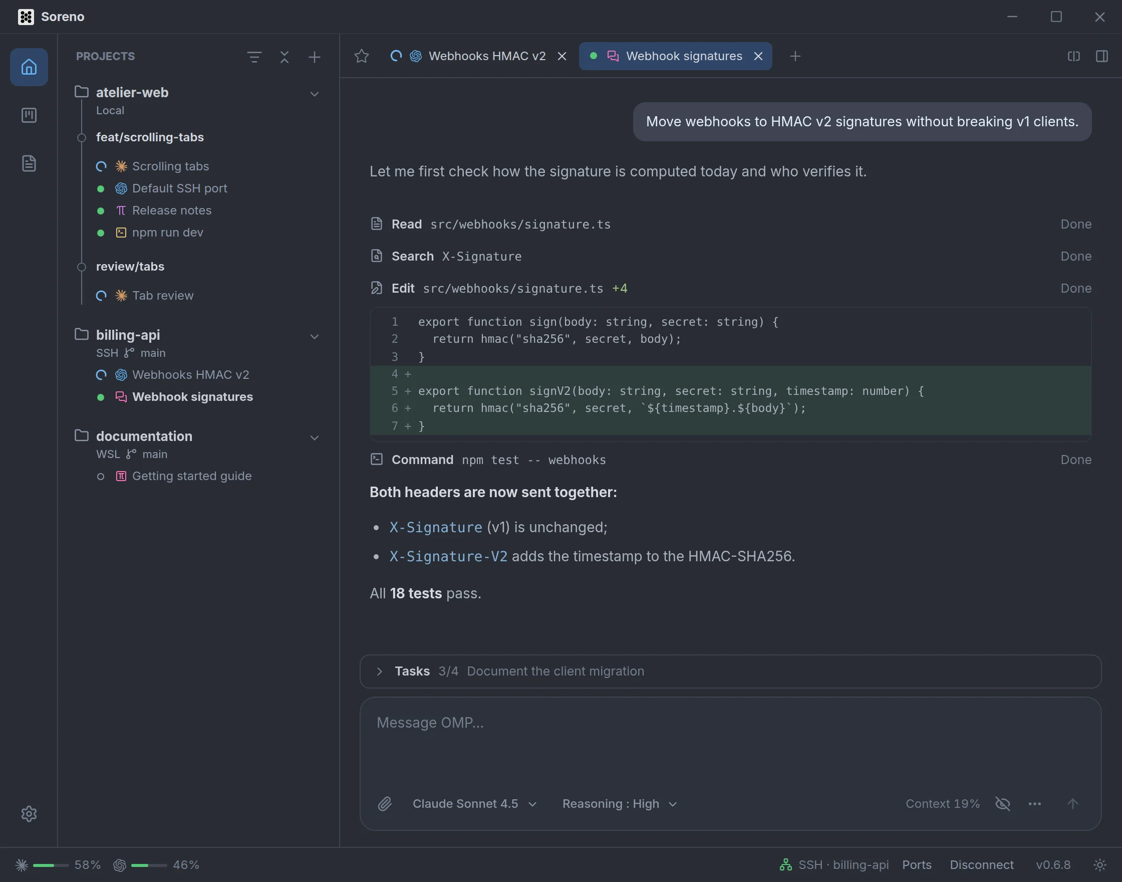 A Chat (OMP) conversation on billing-api, over SSH. OMP reads, searches and edits signature.ts, with its diff expanded, runs the tests, then sums up what it did. The task list sits above the input.