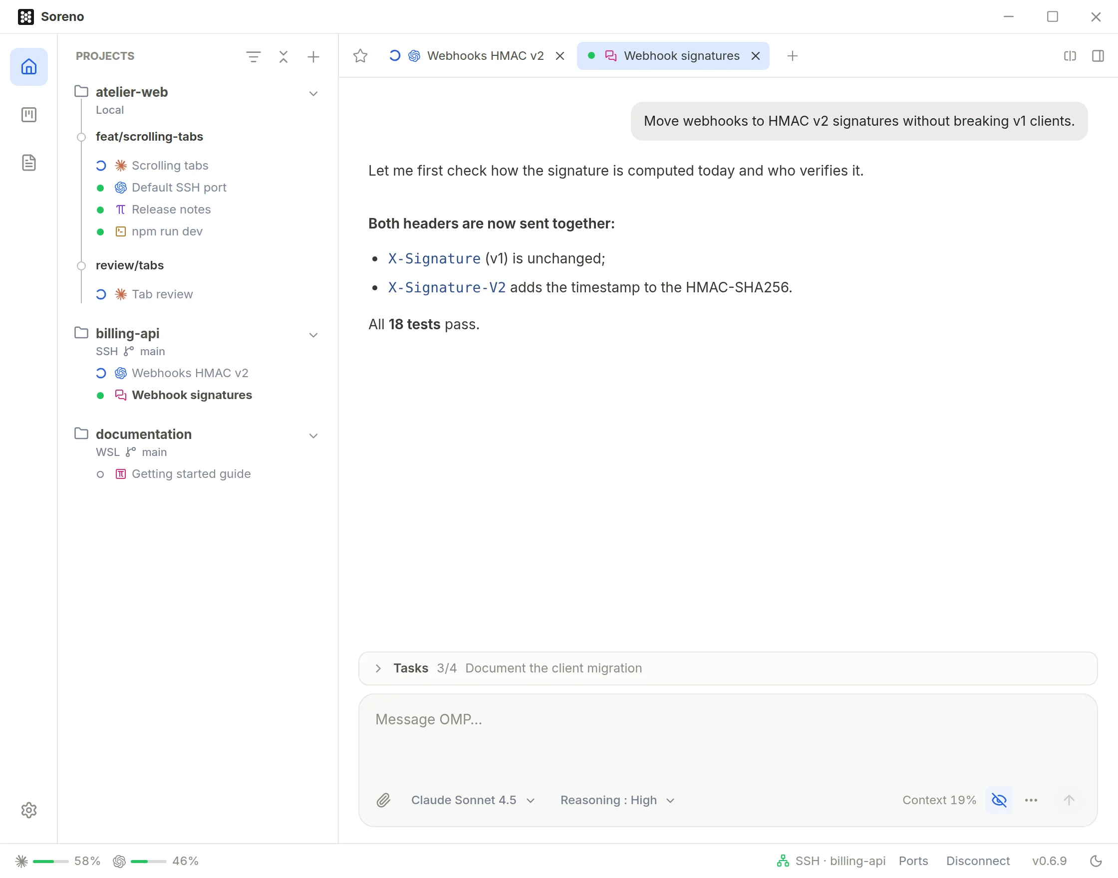 The same Chat (OMP) conversation with tools and reasoning hidden: only the request, OMP’s first sentence and its summary remain. Under the input, the crossed-out eye button is on.