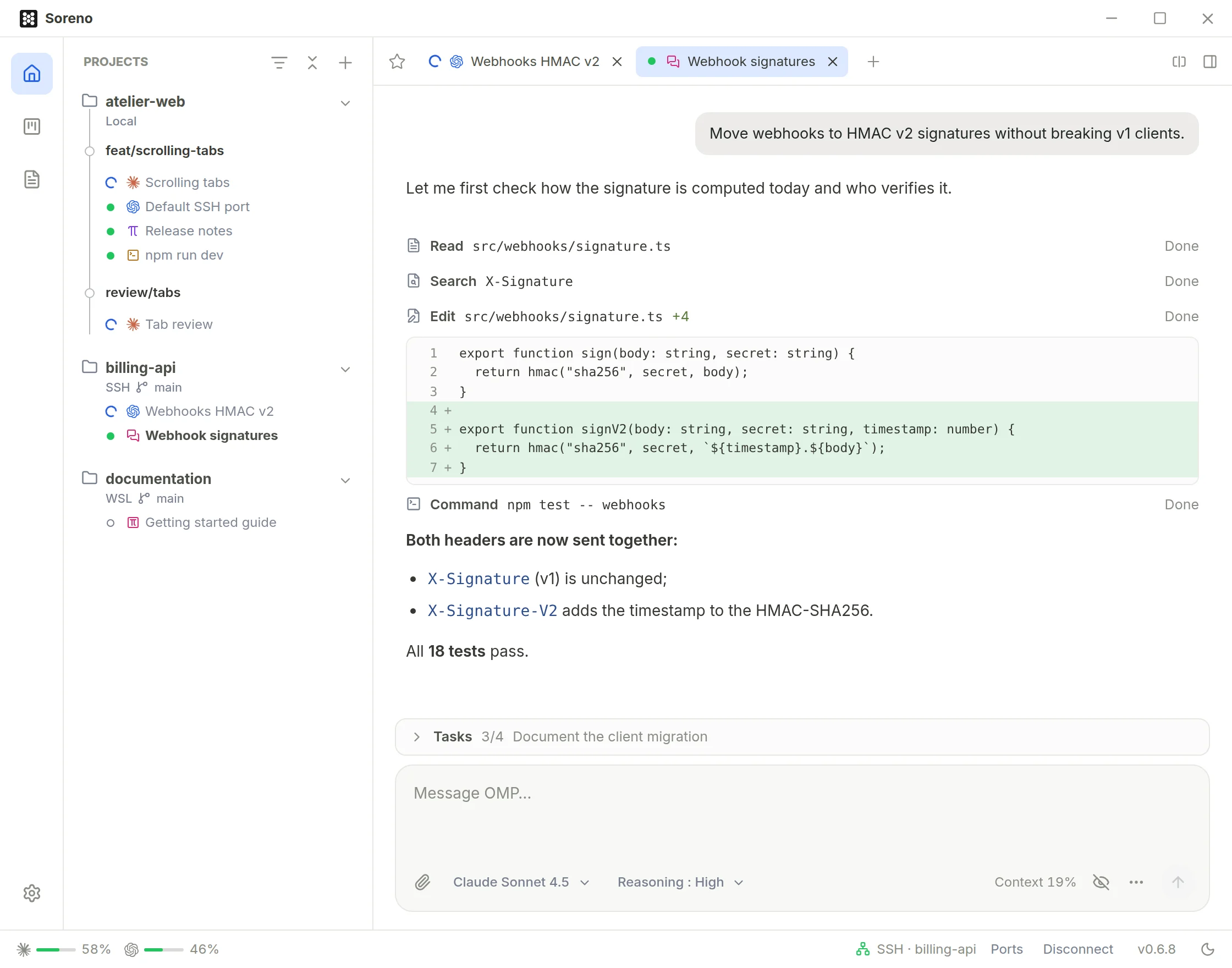 A Chat (OMP) conversation on billing-api, over SSH. OMP reads, searches and edits signature.ts, with its diff expanded, runs the tests, then sums up what it did. The task list sits above the input.