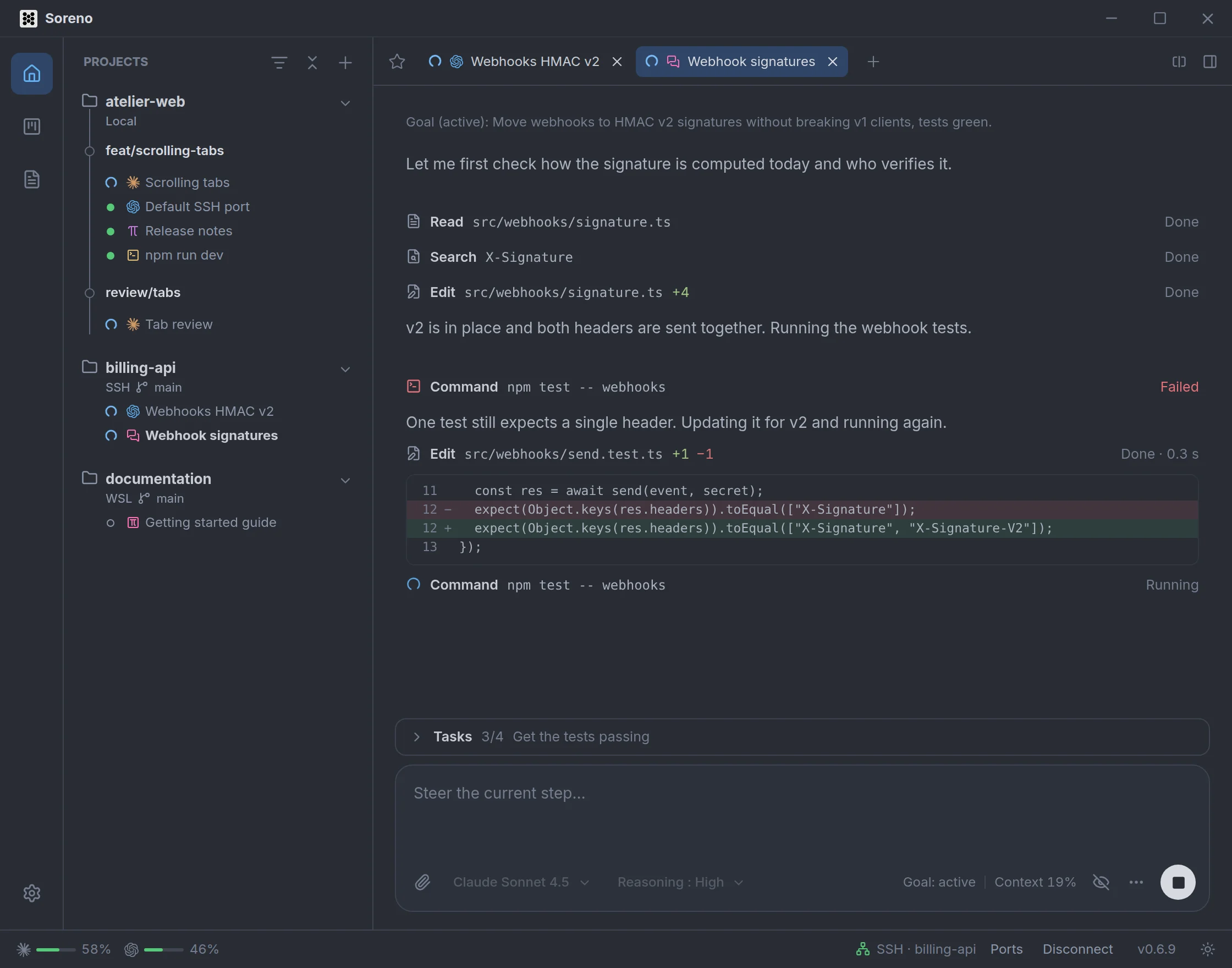 Chat (OMP) while it pursues its goal. The conversation opens on “Goal (active)”, then OMP edits the signature, runs the tests, which fail, updates the test and runs them again. Under the input, the “Goal: active” indicator sits next to the context.