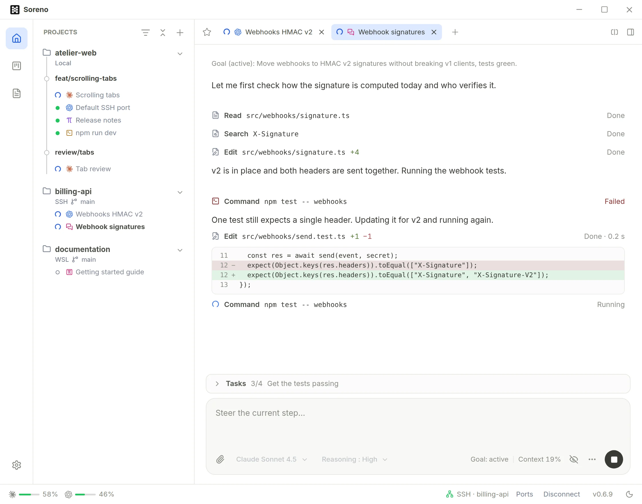 Chat (OMP) while it pursues its goal. The conversation opens on “Goal (active)”, then OMP edits the signature, runs the tests, which fail, updates the test and runs them again. Under the input, the “Goal: active” indicator sits next to the context.
