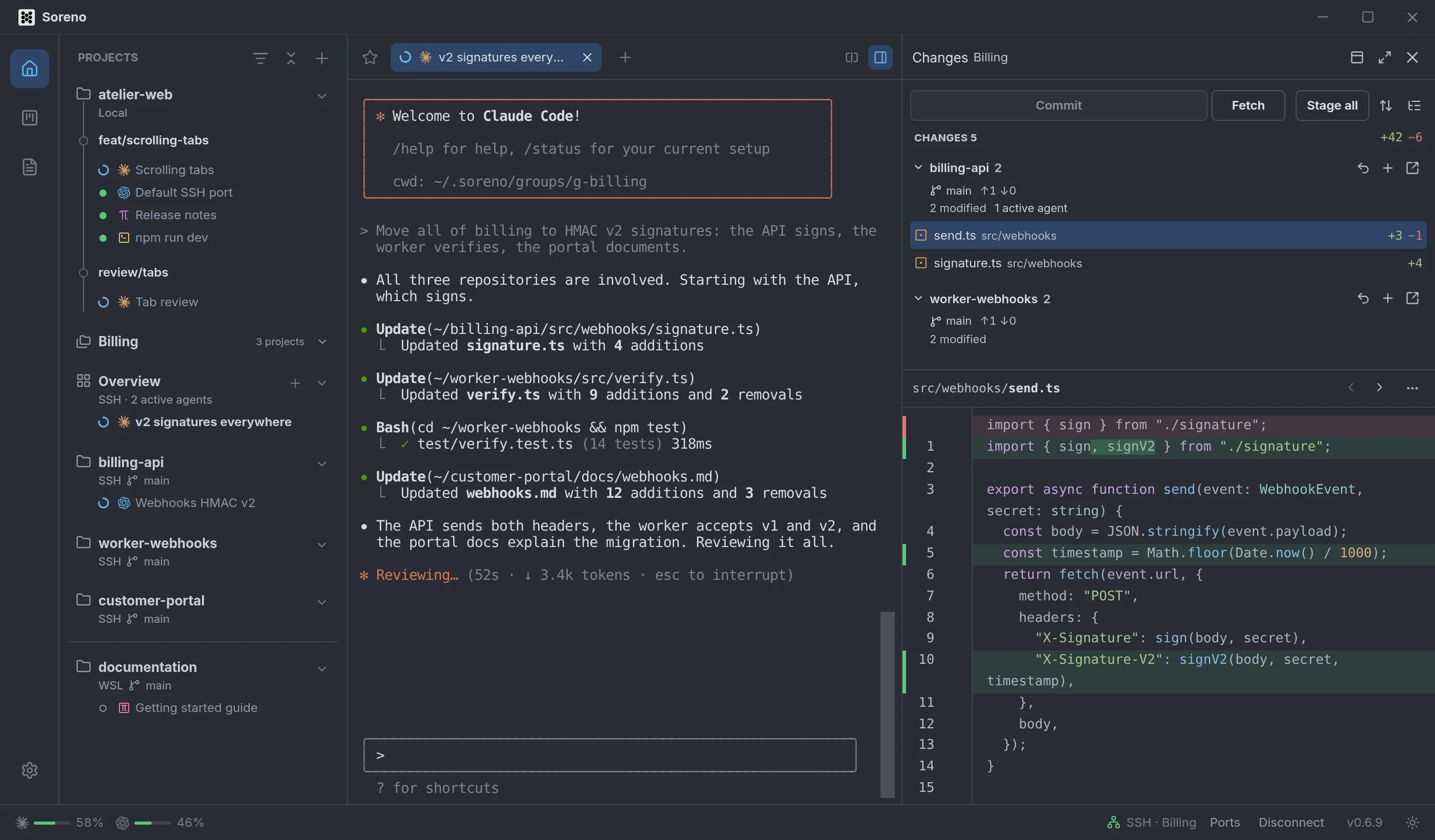 The Billing group in Soreno: its overview, on an SSH server, with Claude Code editing billing-api, worker-webhooks and customer-portal. On the right, the changes of the group’s repositories and the diff of send.ts.