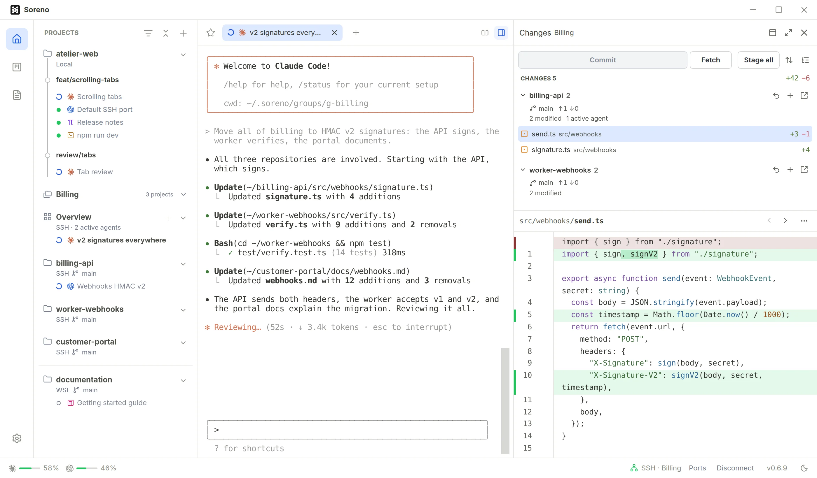 The Billing group in Soreno: its overview, on an SSH server, with Claude Code editing billing-api, worker-webhooks and customer-portal. On the right, the changes of the group’s repositories and the diff of send.ts.