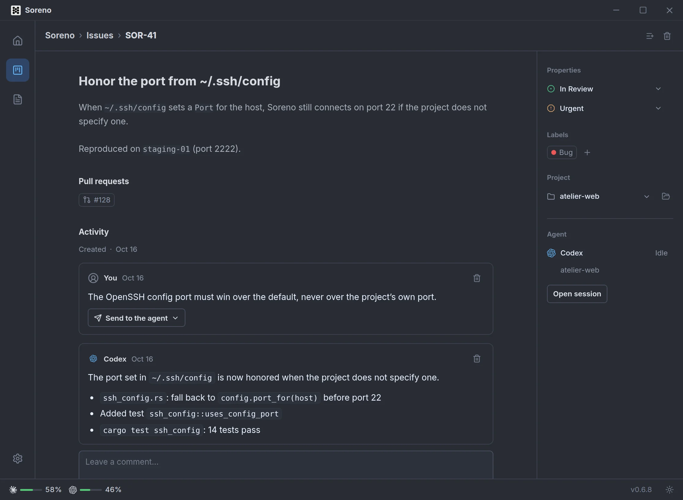 Issue SOR-41, in review: its description, pull request #128, a remark with the Send to the agent button, then the summary Codex left. On the right, the linked Codex session and the Open session button.