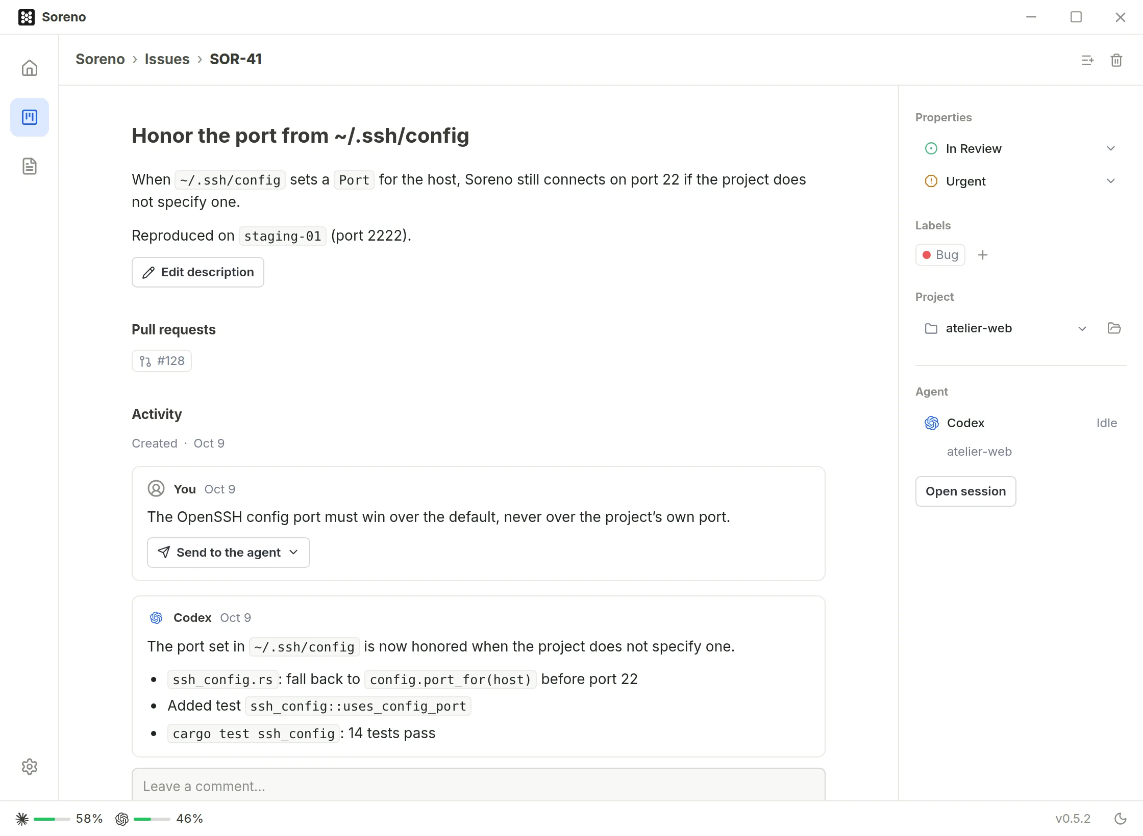 An issue in review: its description, the linked pull request, the attached Codex session and the summary Codex left when it finished.