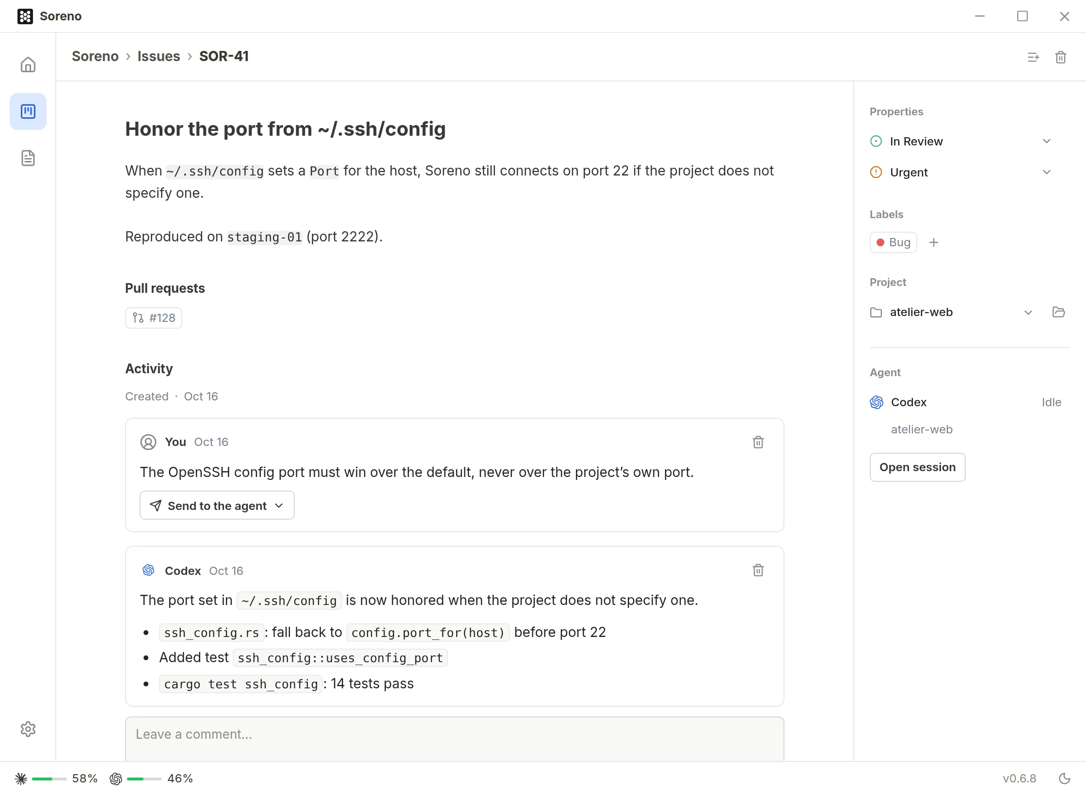 Issue SOR-41, in review: its description, pull request #128, a remark with the Send to the agent button, then the summary Codex left. On the right, the linked Codex session and the Open session button.