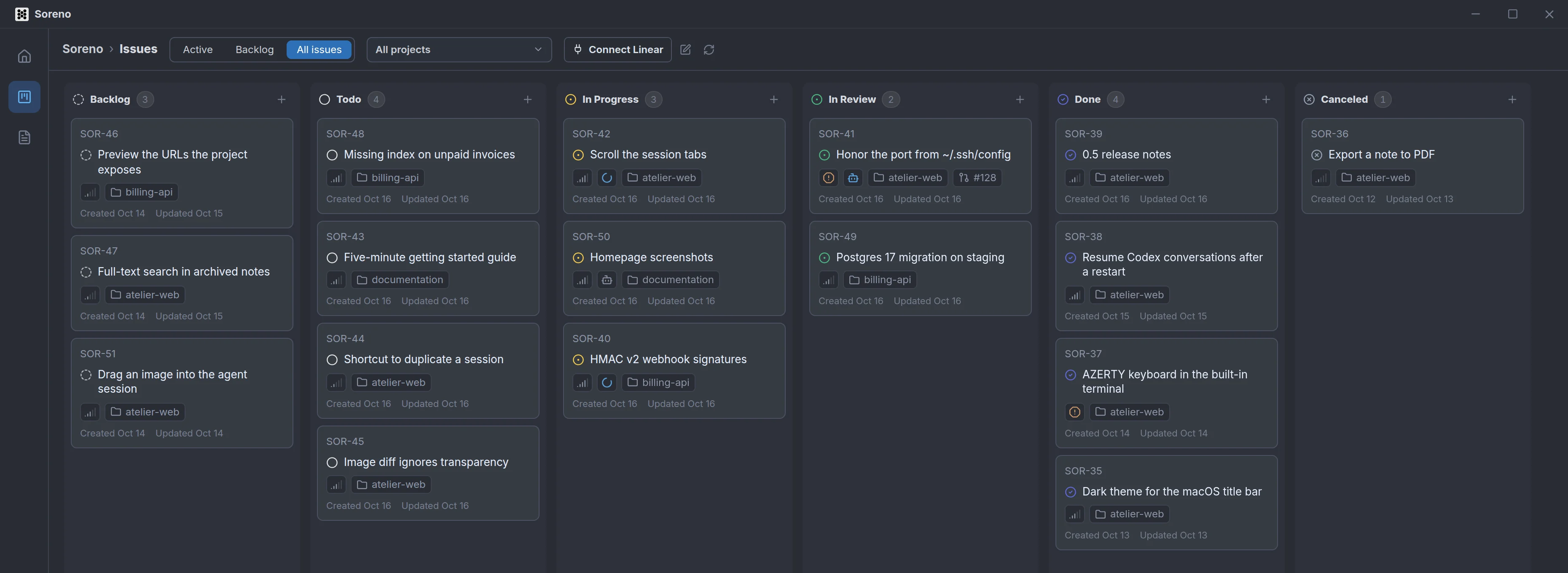 The Kanban board with its Backlog, Todo, In Progress, In Review, Done and Canceled columns. Issues in progress show the agent working on them.