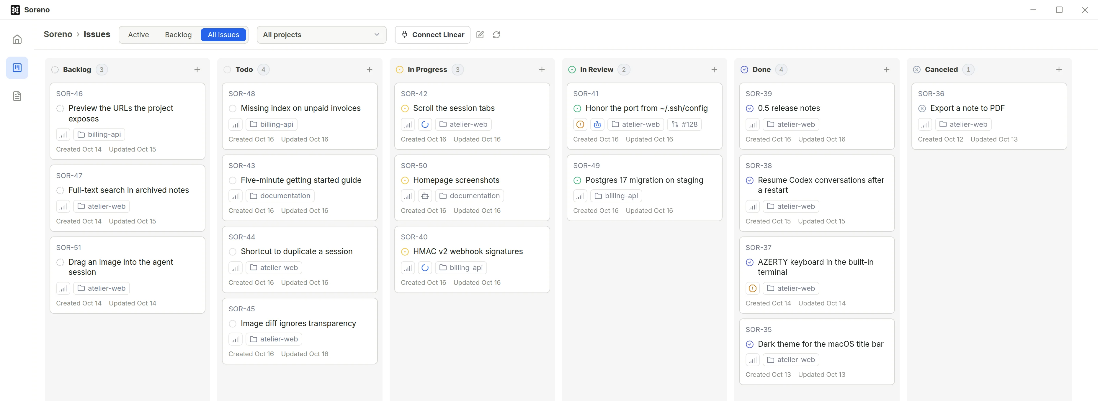 The Kanban board with its Backlog, Todo, In Progress, In Review, Done and Canceled columns. Issues in progress show the agent working on them.