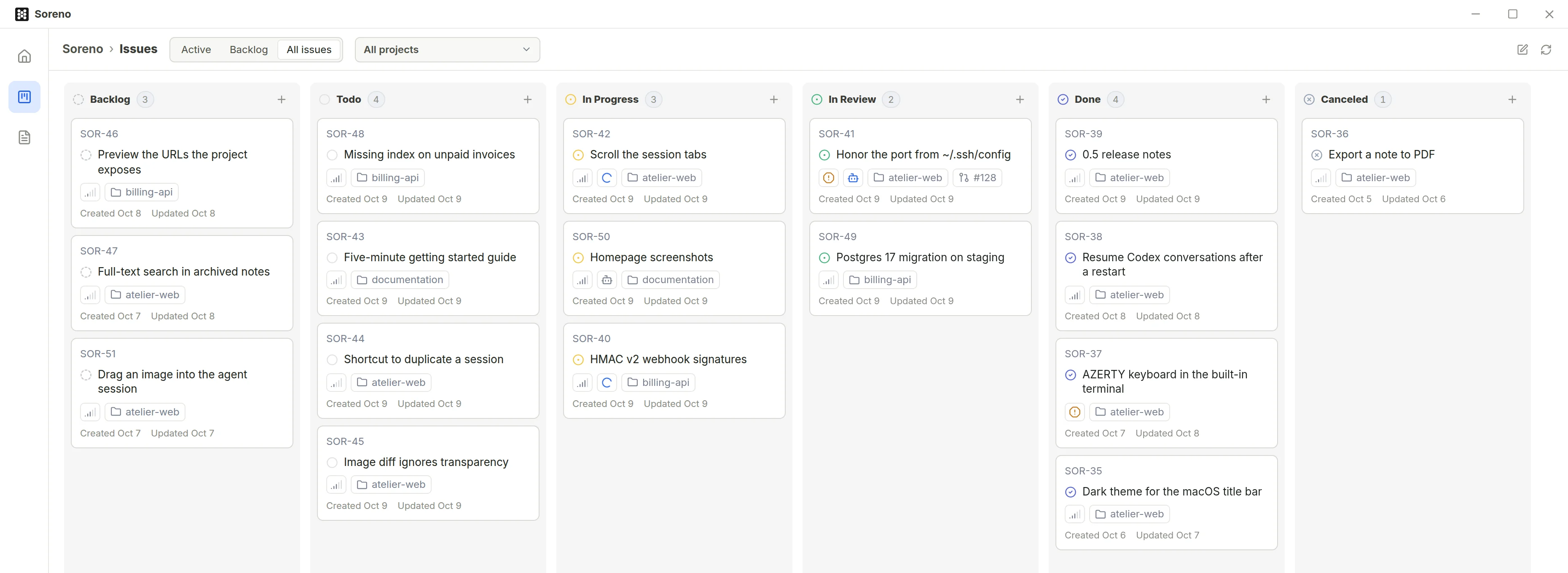 The Kanban board with its Backlog, Todo, In Progress, In Review, Done and Canceled columns. Issues in progress show the agent working on them.