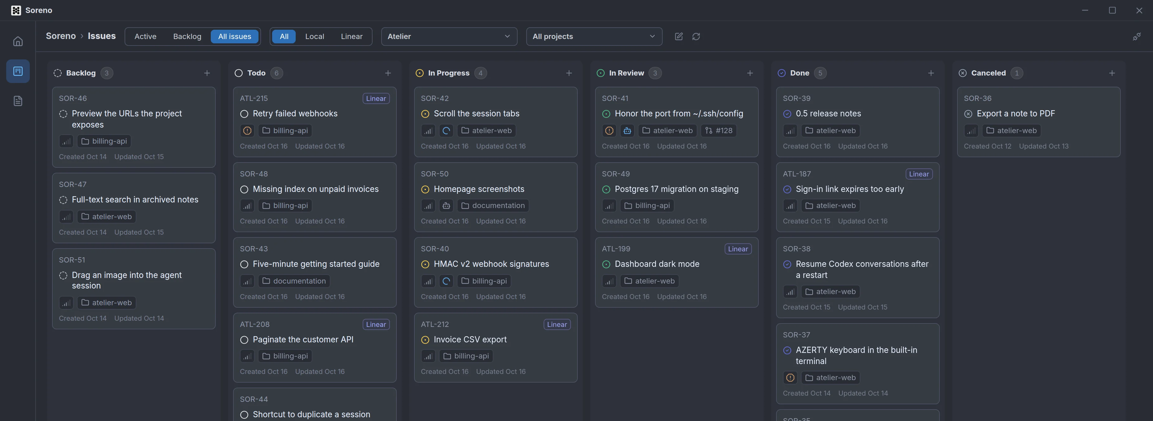 The Kanban with local issues and those of the Linear team Atelier, marked Linear, in the same columns. At the top, the All, Local, Linear filter and the team picker.