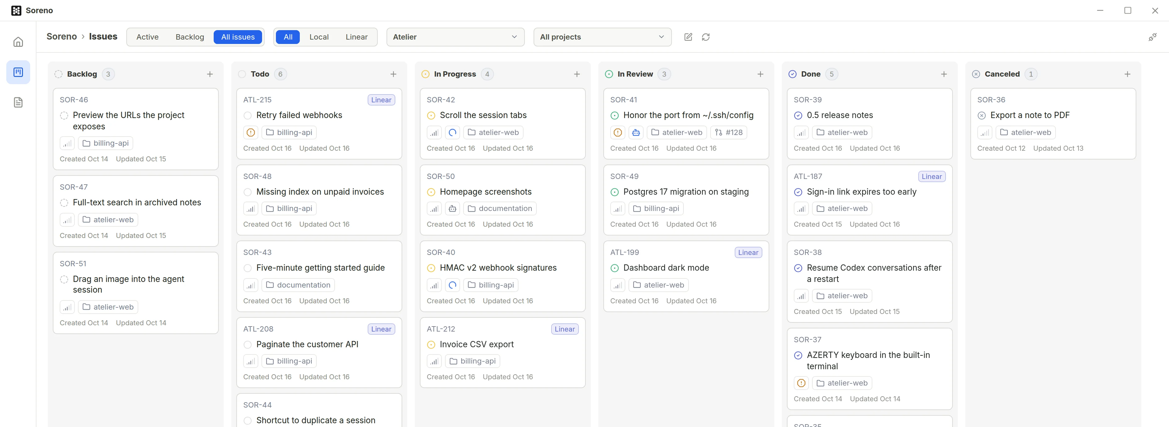 The Kanban with local issues and those of the Linear team Atelier, marked Linear, in the same columns. At the top, the All, Local, Linear filter and the team picker.