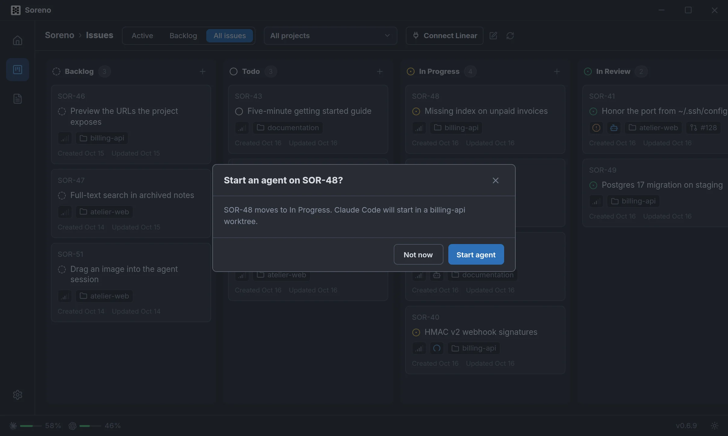 Soreno’s Kanban right after dropping SOR-48 into In Progress. A dialog asks “Start an agent on SOR-48?”: Claude Code will start in a billing-api worktree, with the Not now and Start agent buttons.