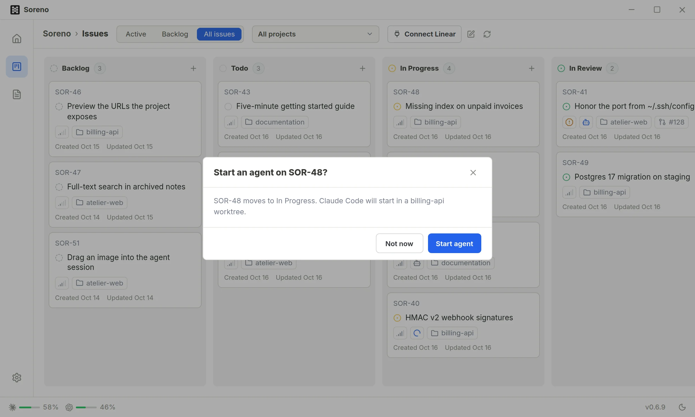 Soreno’s Kanban right after dropping SOR-48 into In Progress. A dialog asks “Start an agent on SOR-48?”: Claude Code will start in a billing-api worktree, with the Not now and Start agent buttons.