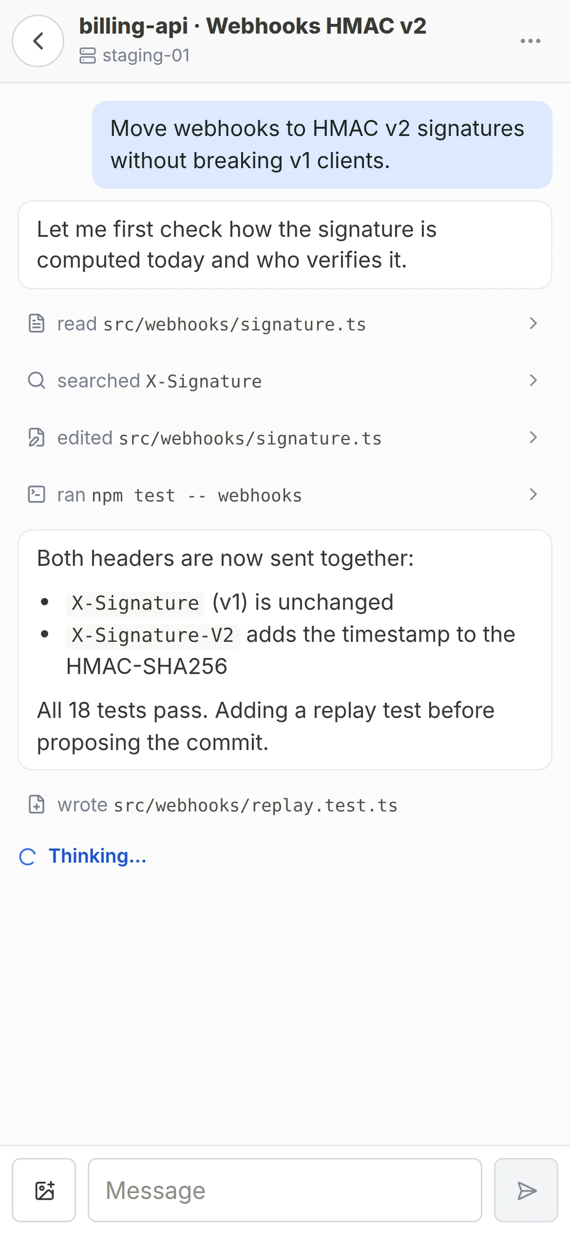 A Codex session conversation on the phone: files read and edited, tests run, and a field to write to it.