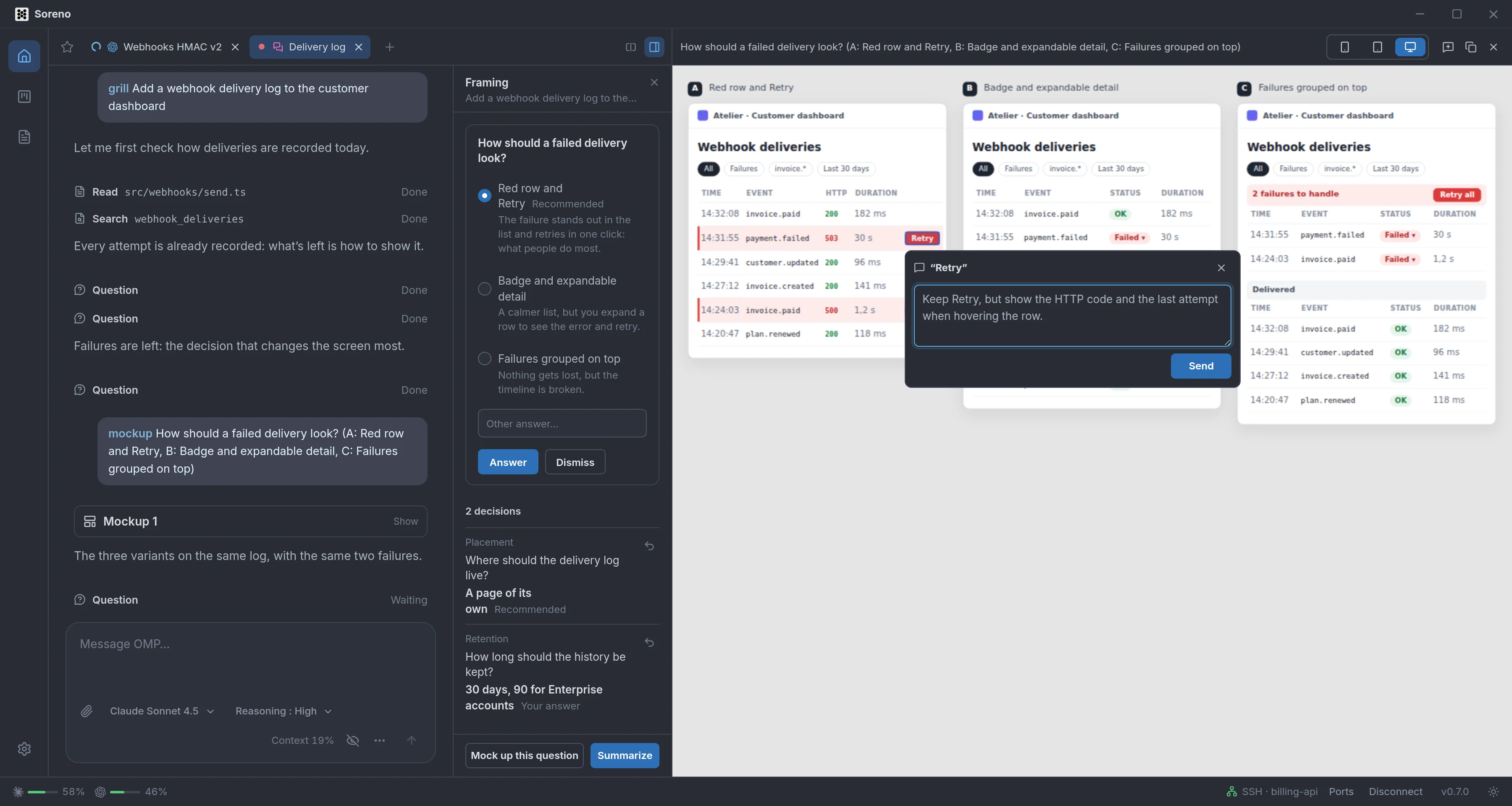 The same mockup with a comment open on variant A’s Retry button: “Keep Retry, but show the HTTP code and the last attempt when hovering the row.”, with the Send button.