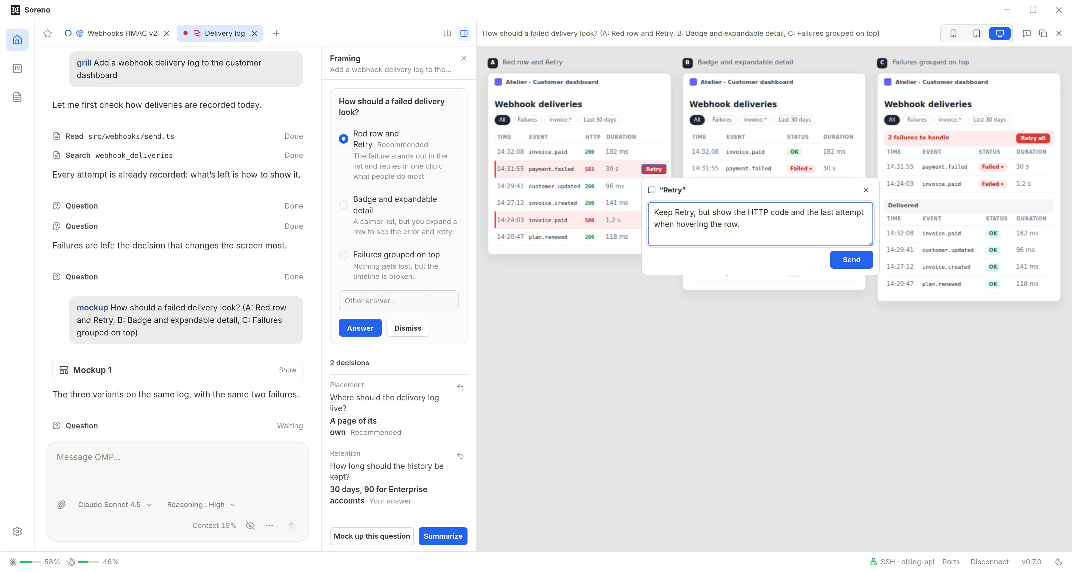 The same mockup with a comment open on variant A’s Retry button: “Keep Retry, but show the HTTP code and the last attempt when hovering the row.”, with the Send button.