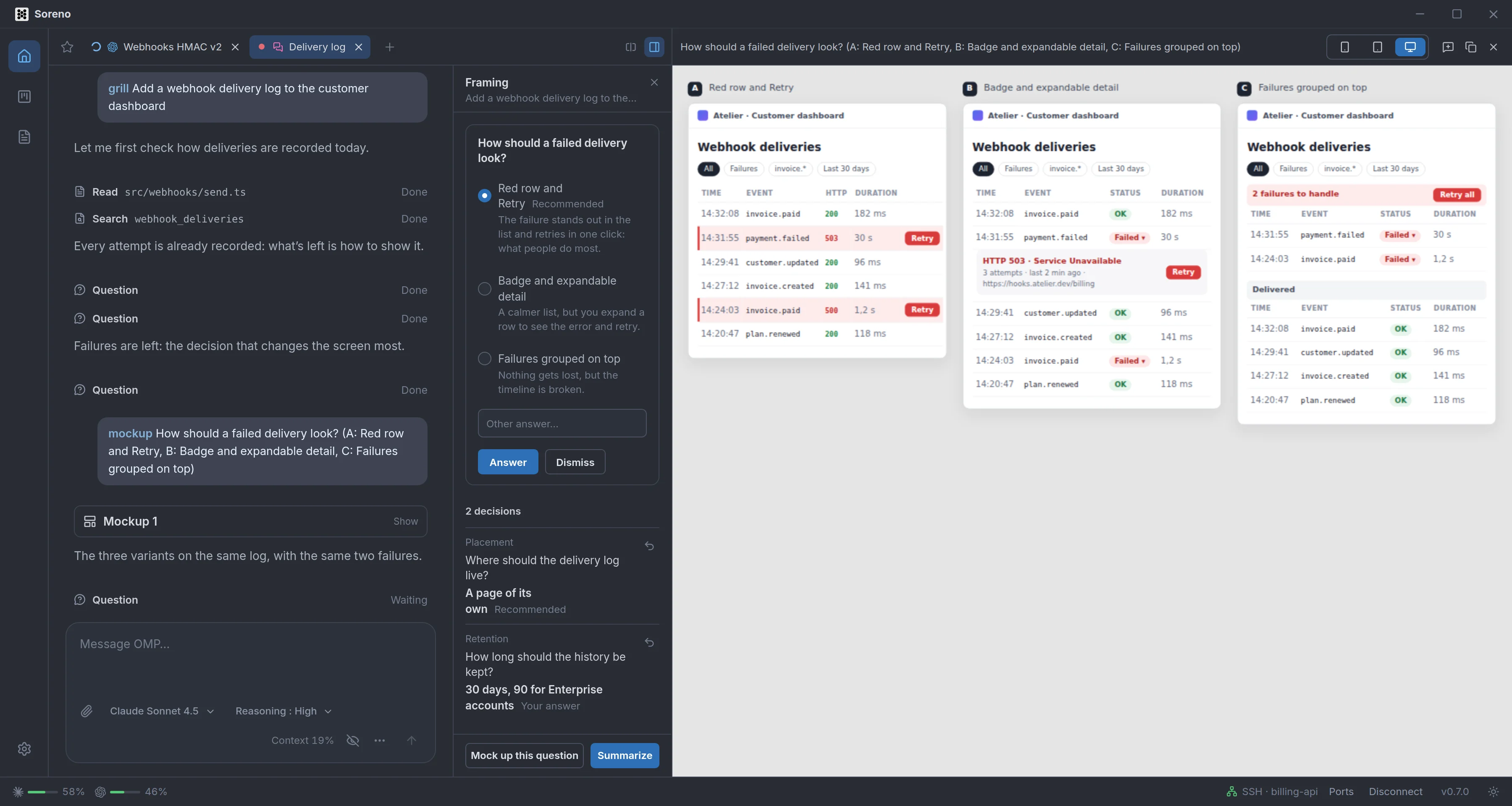Soreno with a mockup of a webhook delivery log on the right, at Desktop width: three variants side by side, A Red row and Retry, B Badge and expandable detail, C Failures grouped on top. In the middle, the Framing column asks again “How should a failed delivery look?”.