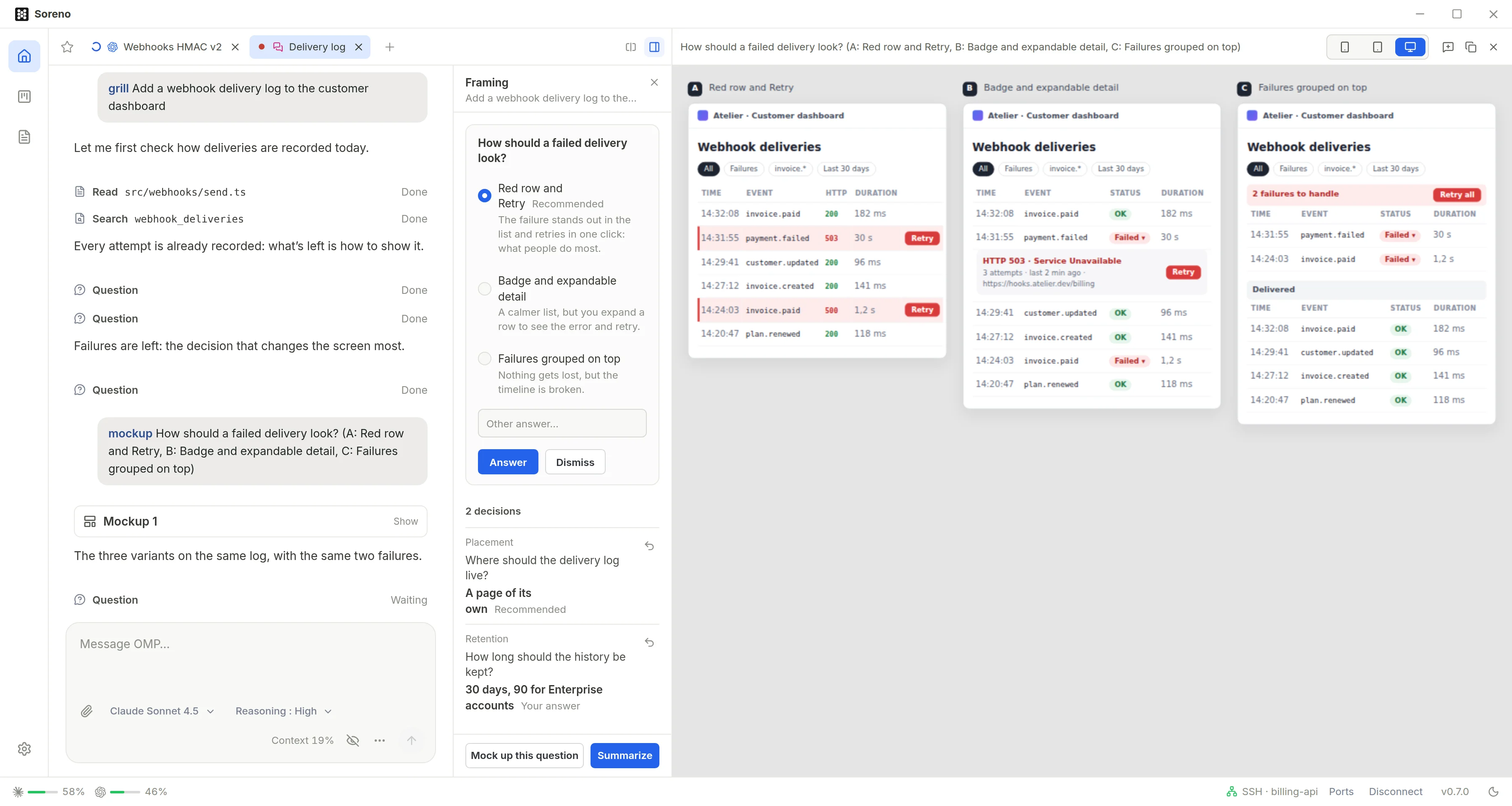 Soreno with a mockup of a webhook delivery log on the right, at Desktop width: three variants side by side, A Red row and Retry, B Badge and expandable detail, C Failures grouped on top. In the middle, the Framing column asks again “How should a failed delivery look?”.