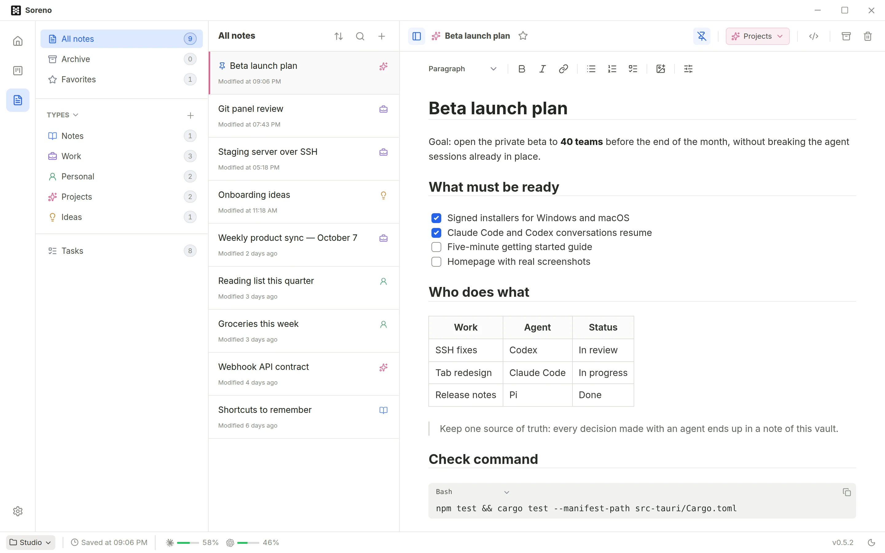 The Notes space: note types on the left, the list in the middle and a Markdown note with checkboxes, a table and a code block.