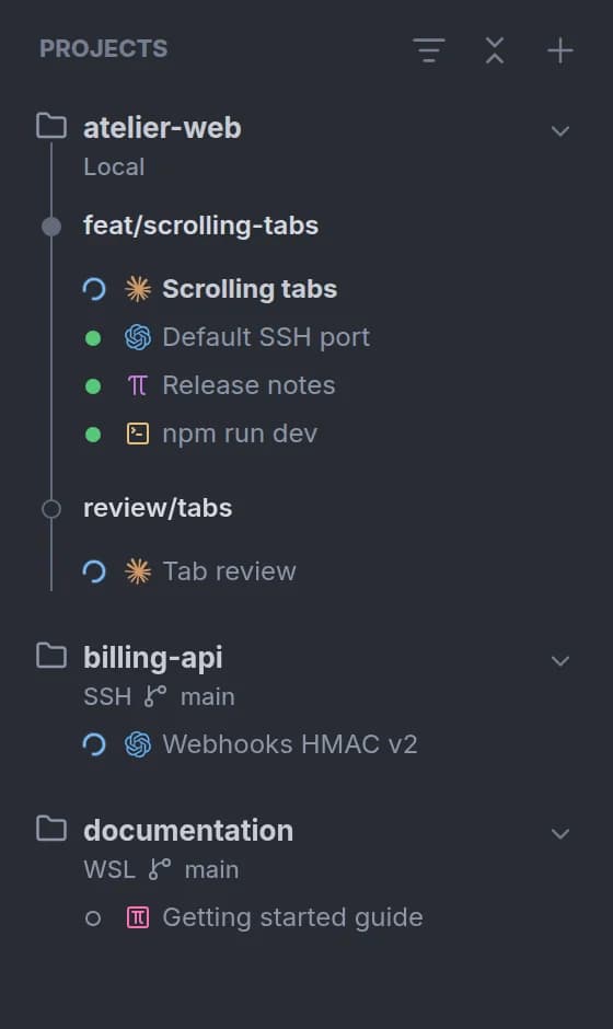 The project list: atelier-web locally with two worktrees, billing-api on an SSH server and documentation in WSL, each with its sessions and their state.