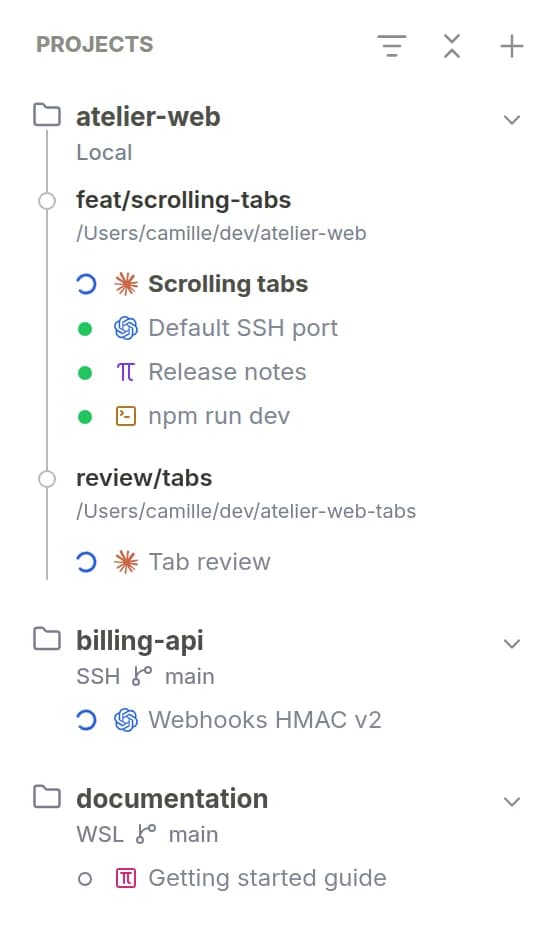 The project list: atelier-web locally with two worktrees, billing-api on an SSH server and documentation in WSL, each with its sessions and their state.