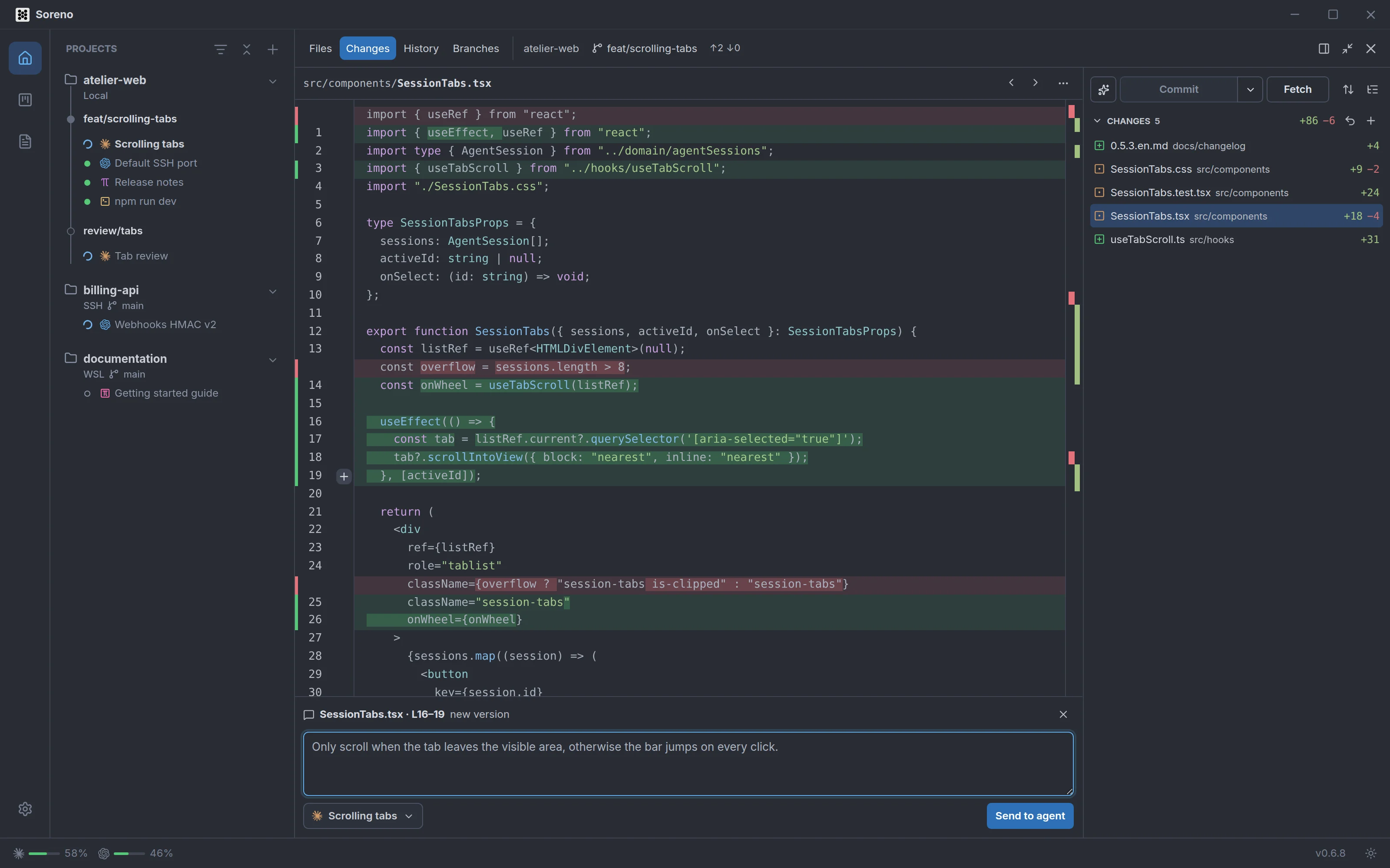The Git panel expanded on the SessionTabs.tsx diff, with a remark on lines 16 to 19 ready to go to the Claude Code session.
