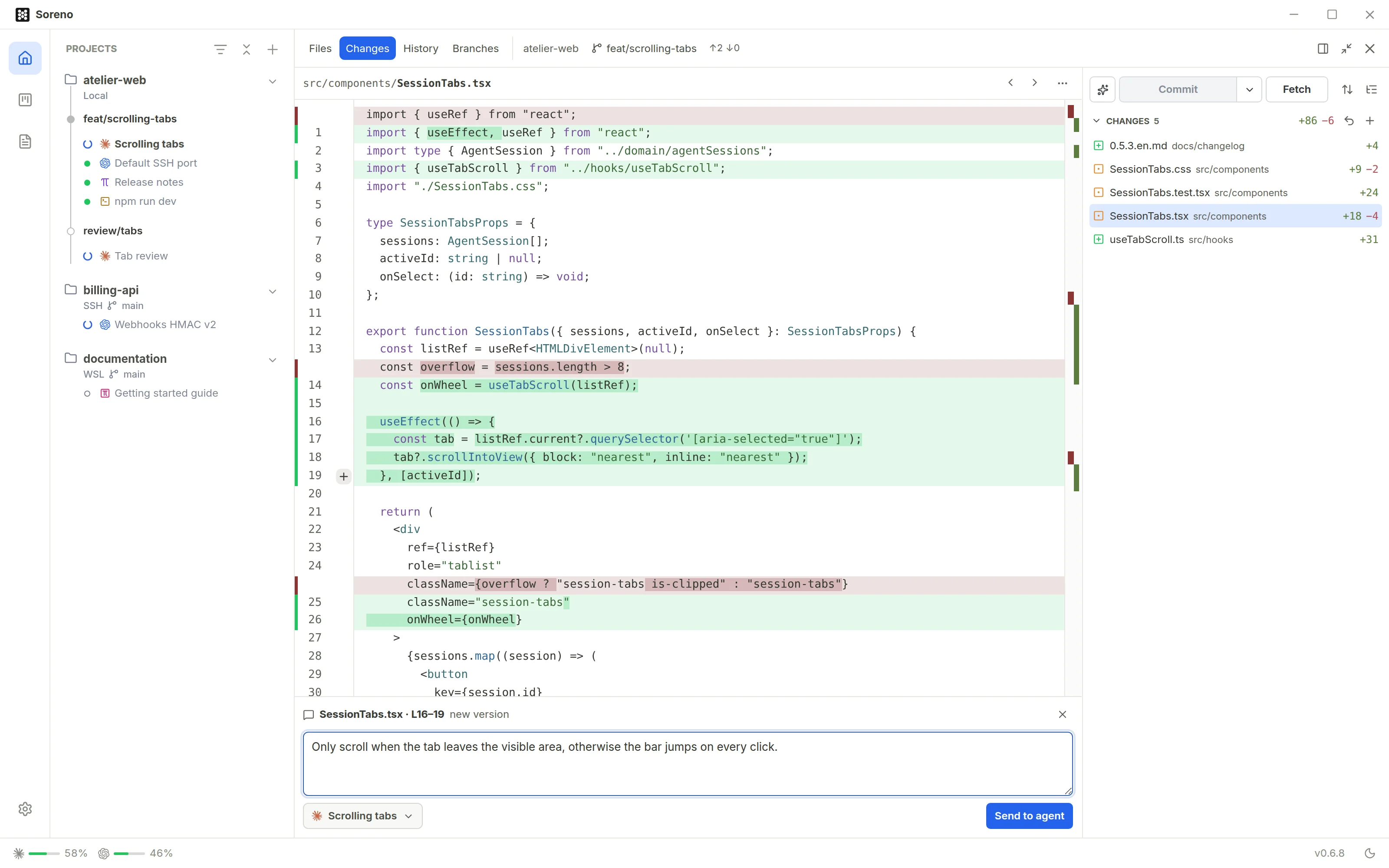 The Git panel expanded on the SessionTabs.tsx diff, with a remark on lines 16 to 19 ready to go to the Claude Code session.