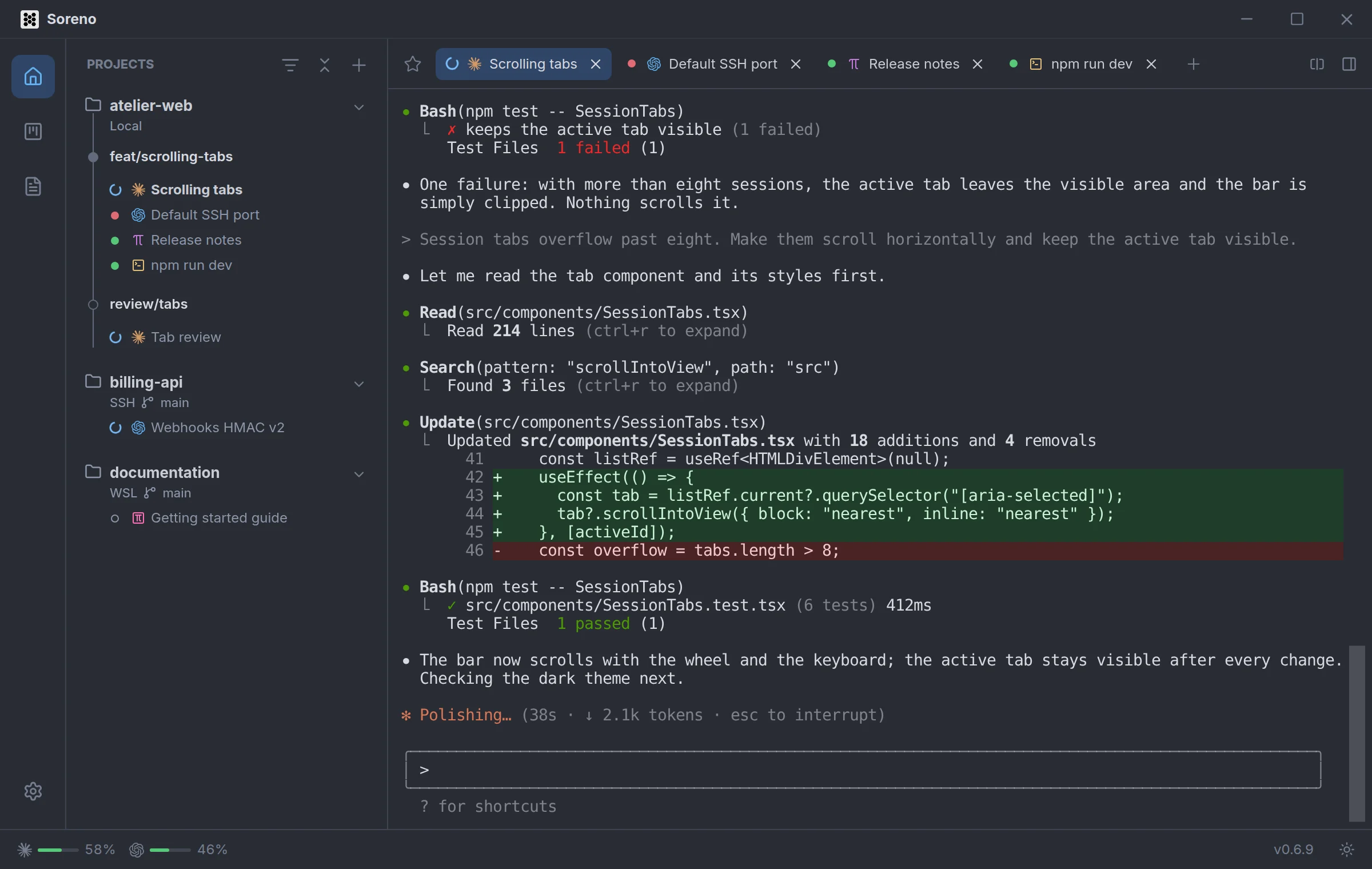 Soreno while Claude Code works on scrolling tabs. In the project list and the tabs, Scrolling tabs is spinning, Default SSH port, a Codex session, is marked red because it is waiting for a reply, and Release notes and npm run dev are green.