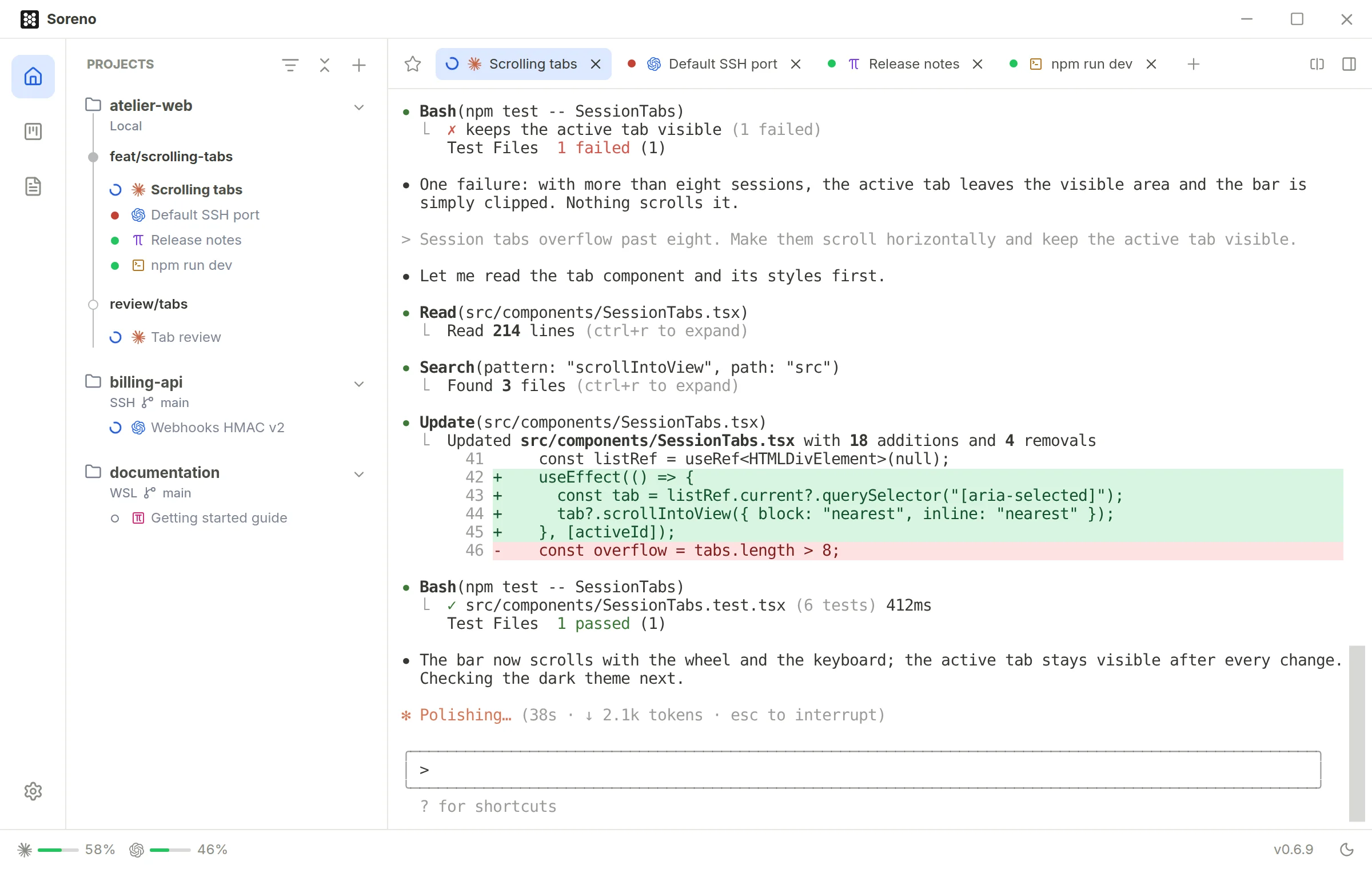 Soreno while Claude Code works on scrolling tabs. In the project list and the tabs, Scrolling tabs is spinning, Default SSH port, a Codex session, is marked red because it is waiting for a reply, and Release notes and npm run dev are green.