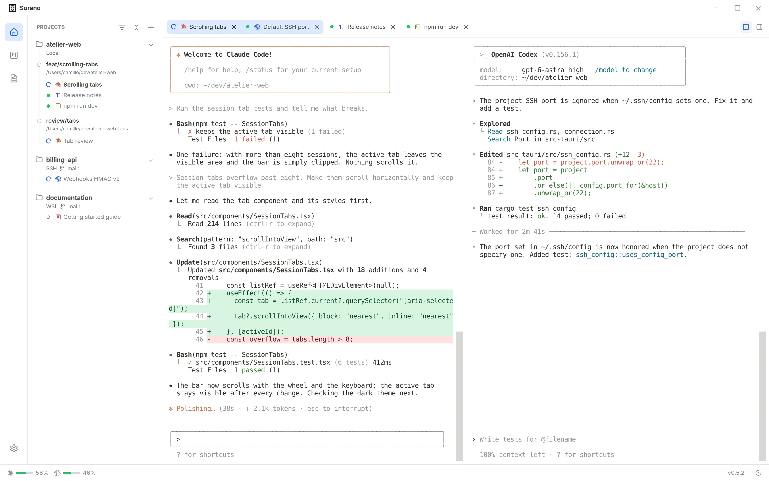 Two sessions side by side in the same project: Claude Code on the left, Codex on the right, each with its conversation and its changes.