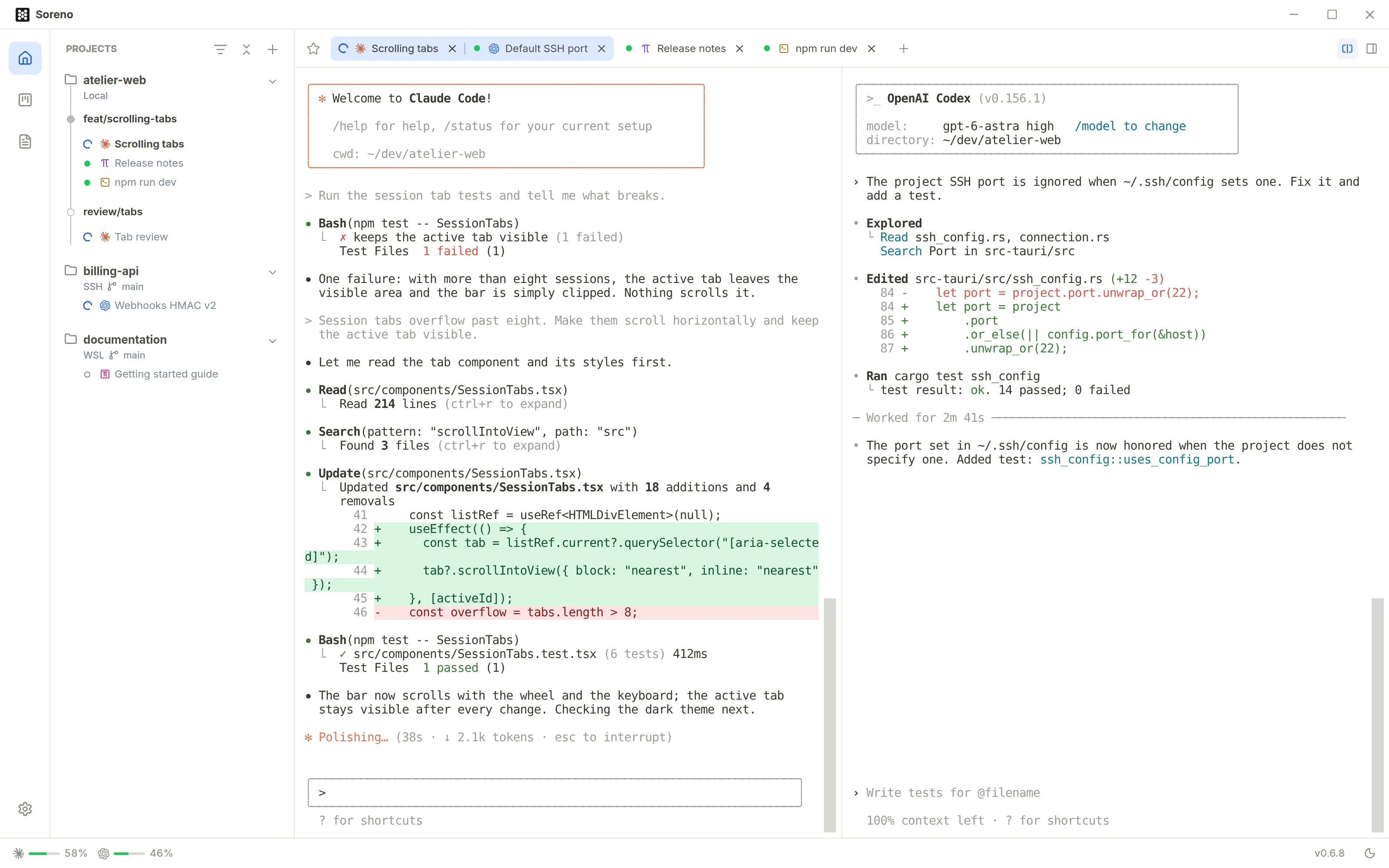 Two sessions side by side in the same project: Claude Code on the left, Codex on the right, each with its conversation and changes.