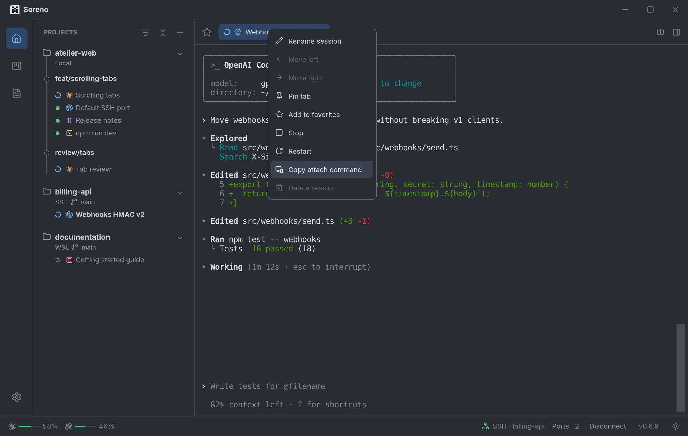 The menu of the Webhooks HMAC v2 tab, with Rename, Pin, Add to favorites, Stop, Restart, and Copy attach command hovered.