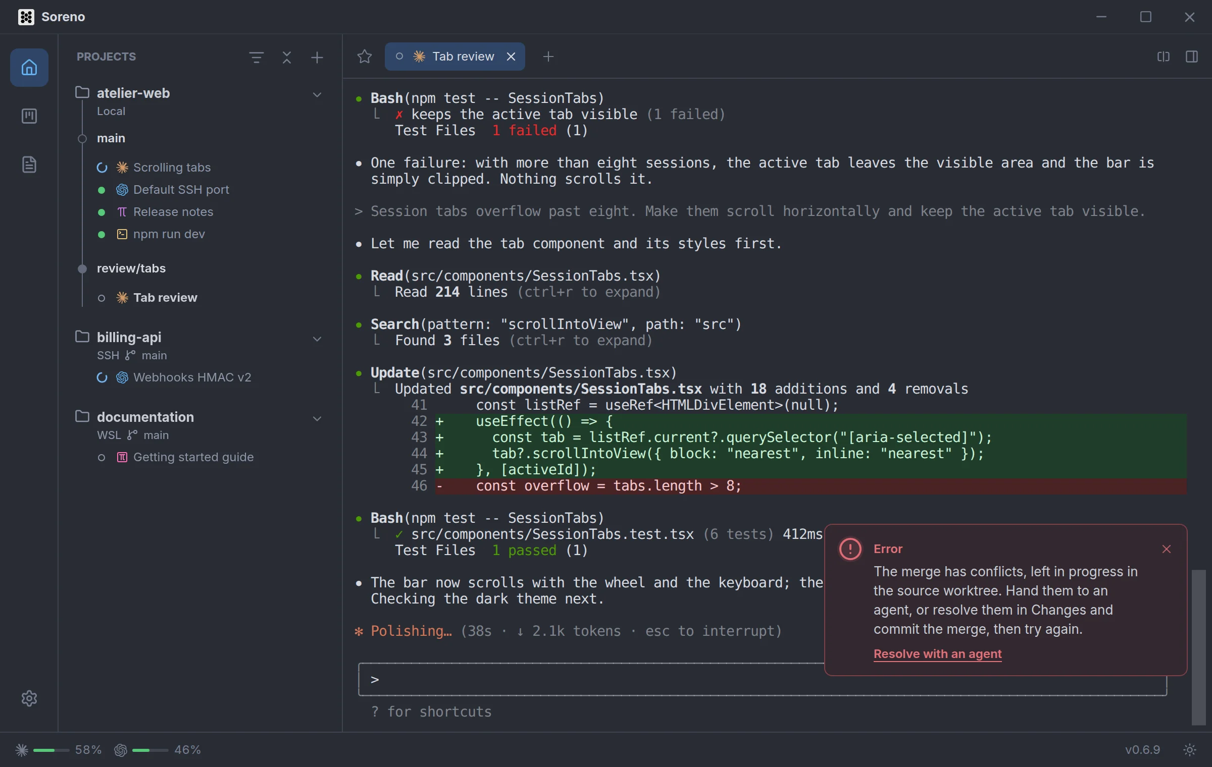 Soreno after a stopped merge: the notification says the merge has conflicts, left in the source worktree, and offers Resolve with an agent.