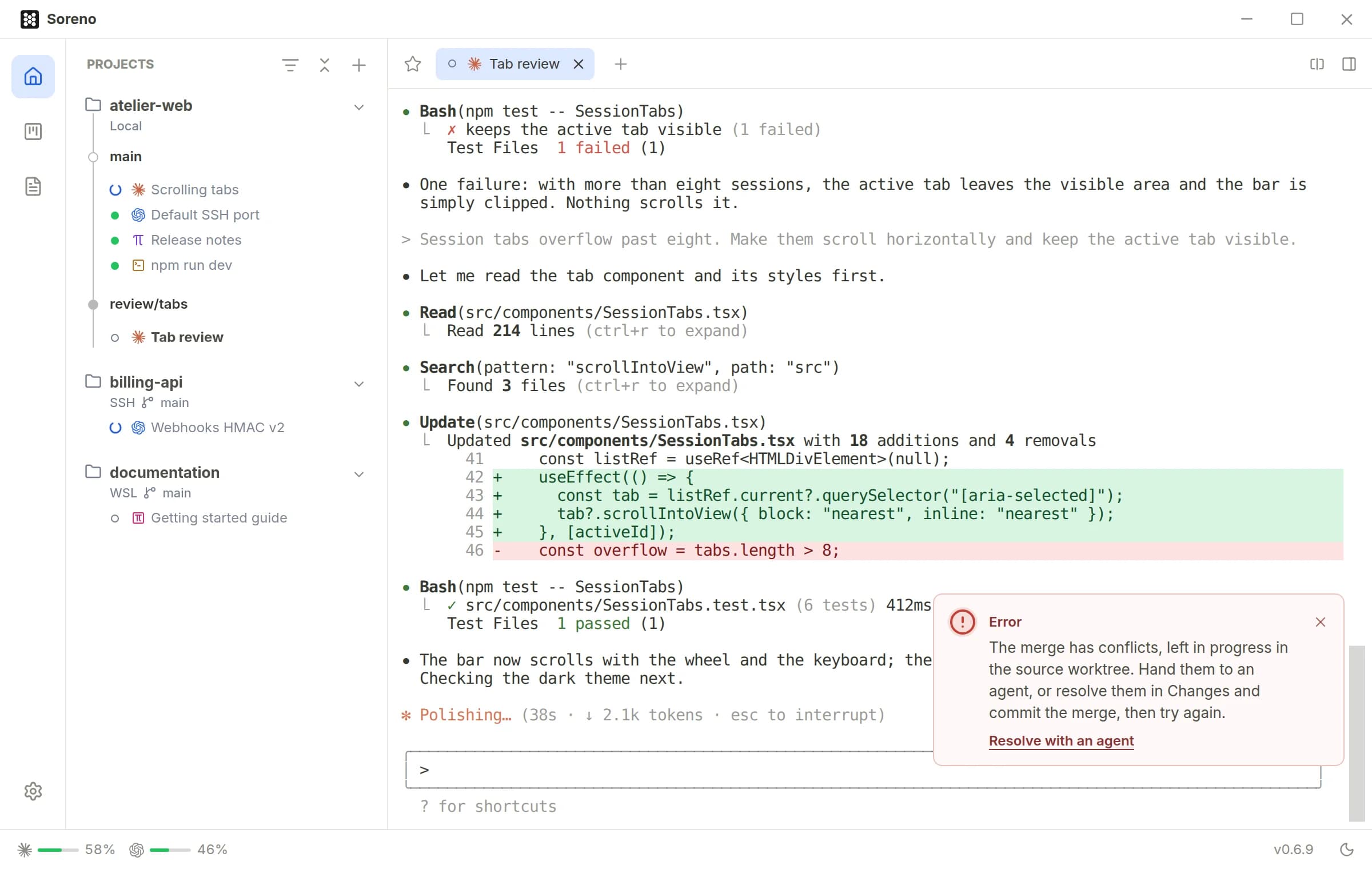 Soreno after a stopped merge: the notification says the merge has conflicts, left in the source worktree, and offers Resolve with an agent.