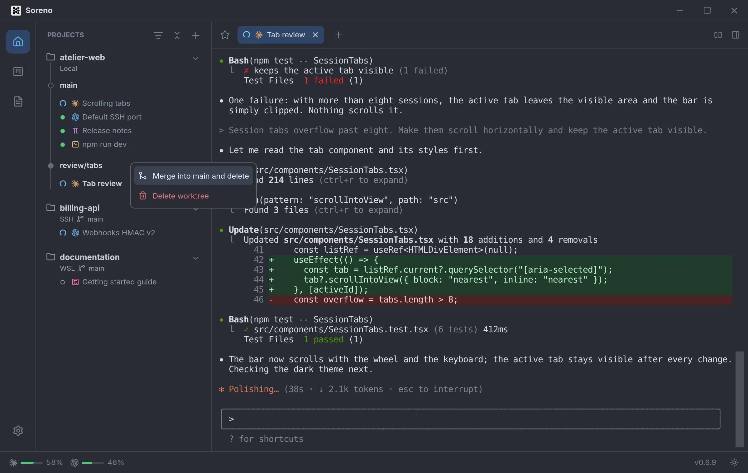 Soreno’s project list: atelier-web on main and its review/tabs worktree, where Claude Code is working. The worktree’s menu offers Merge into main and delete, hovered, and Delete worktree.