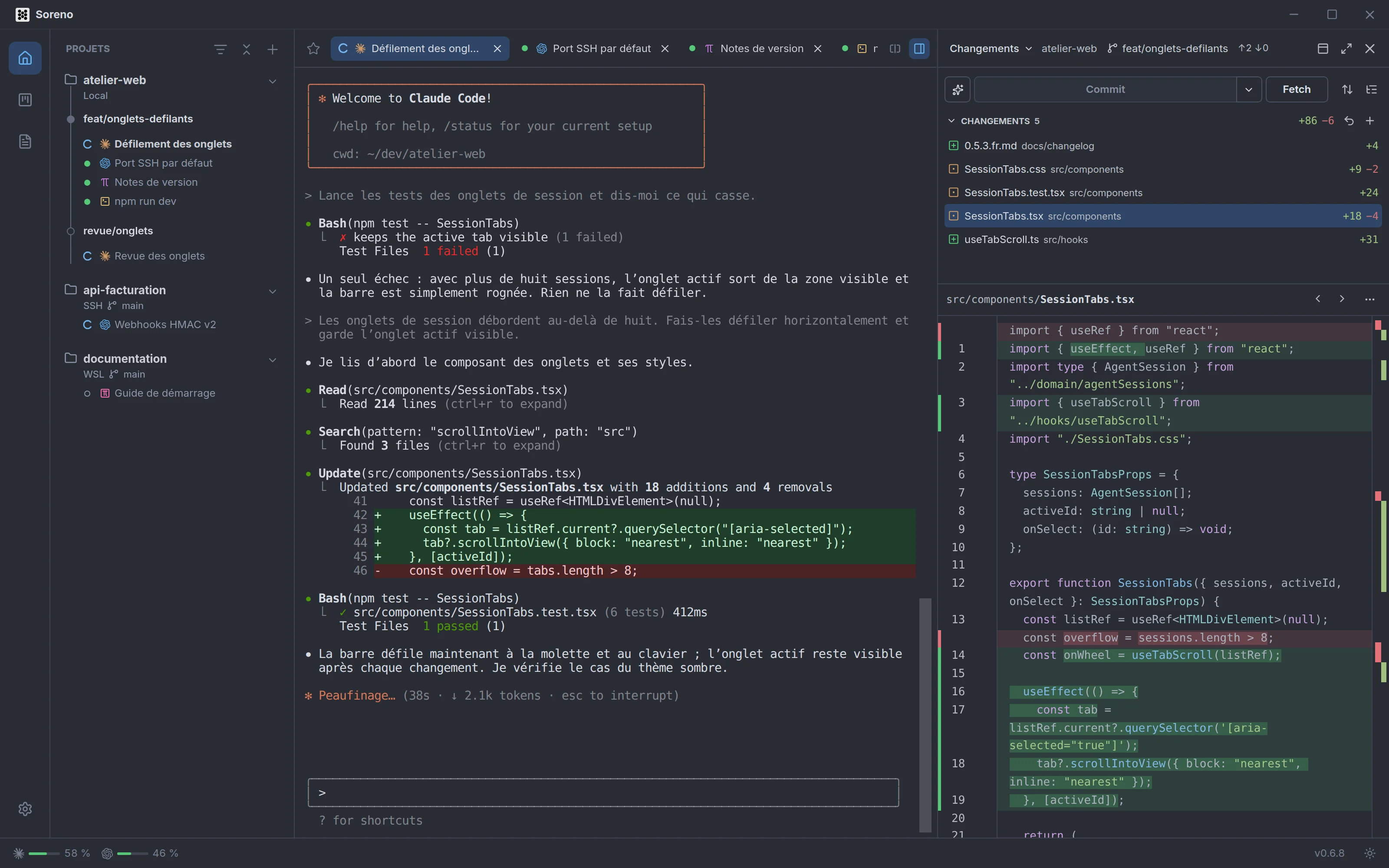 Soreno : à gauche les projets et leurs sessions, au centre Claude Code qui modifie un composant, à droite le panneau Git avec les fichiers modifiés et leur diff.