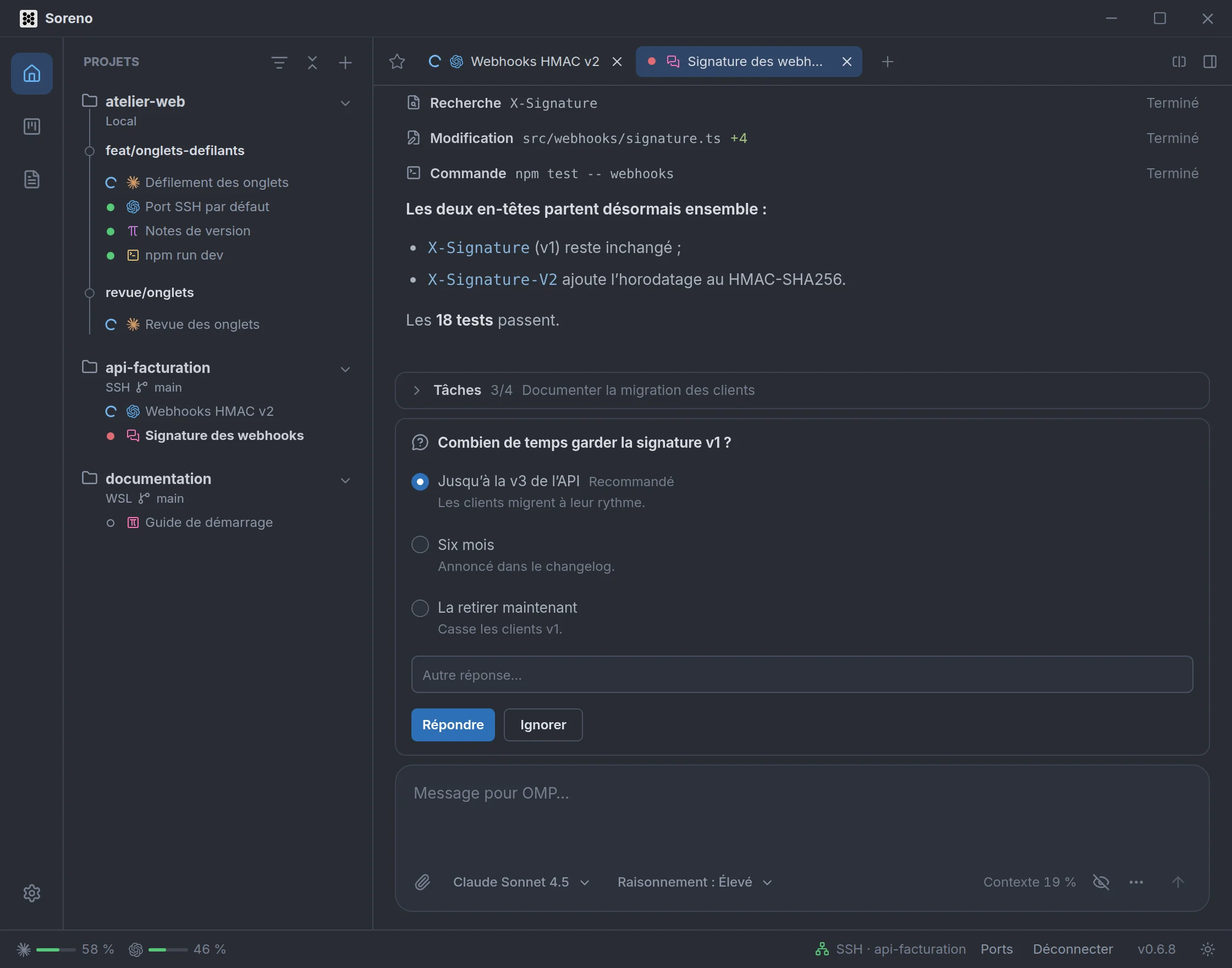 OMP demande combien de temps garder la signature v1, avec trois réponses et la réponse recommandée cochée.