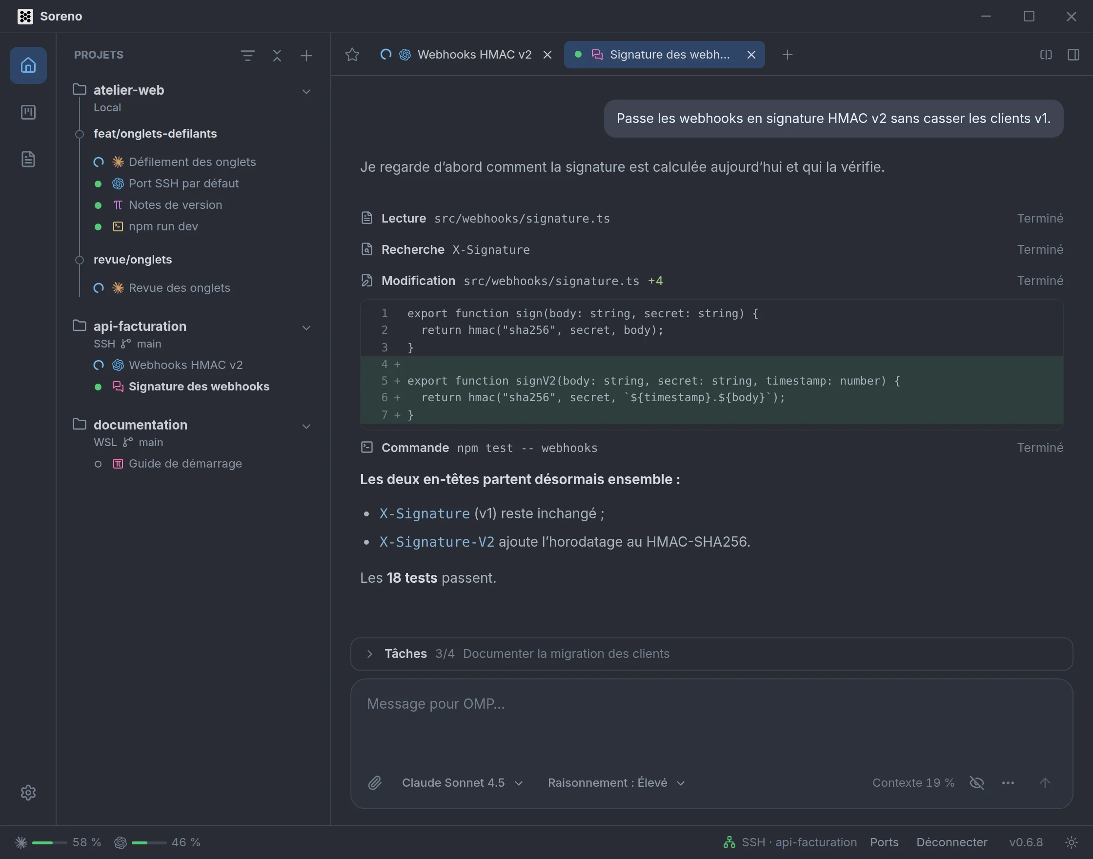 Une conversation Chat (OMP) sur api-facturation, en SSH. OMP lit, cherche et modifie signature.ts, dont le diff est déplié, lance les tests puis résume ce qu’il a fait. La liste de tâches est au-dessus de la zone de saisie.
