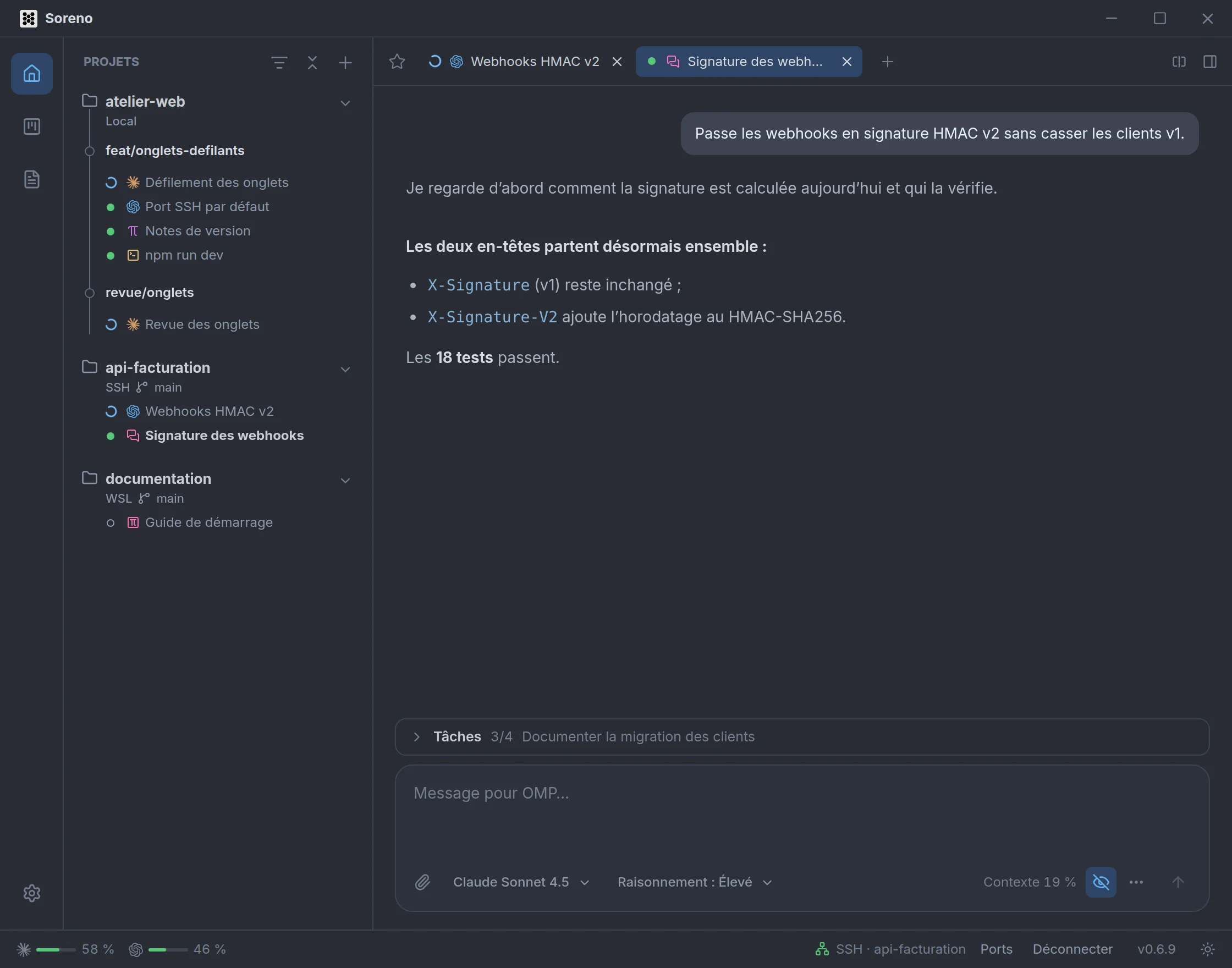 La même conversation Chat (OMP), outils et raisonnement masqués : il ne reste que la demande, la première phrase d’OMP et son résumé. Sous la zone de saisie, le bouton en forme d’œil barré est activé.