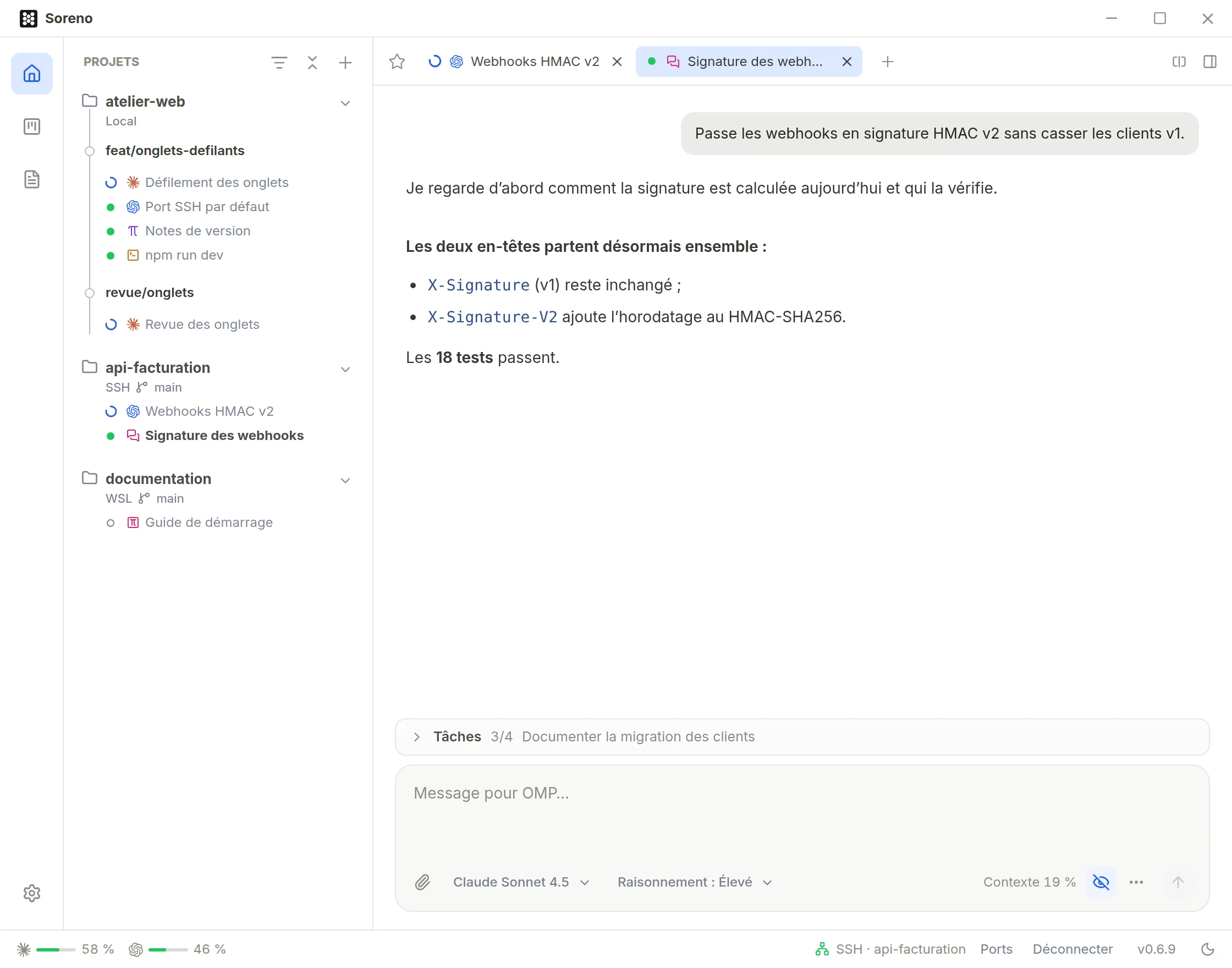 La même conversation Chat (OMP), outils et raisonnement masqués : il ne reste que la demande, la première phrase d’OMP et son résumé. Sous la zone de saisie, le bouton en forme d’œil barré est activé.