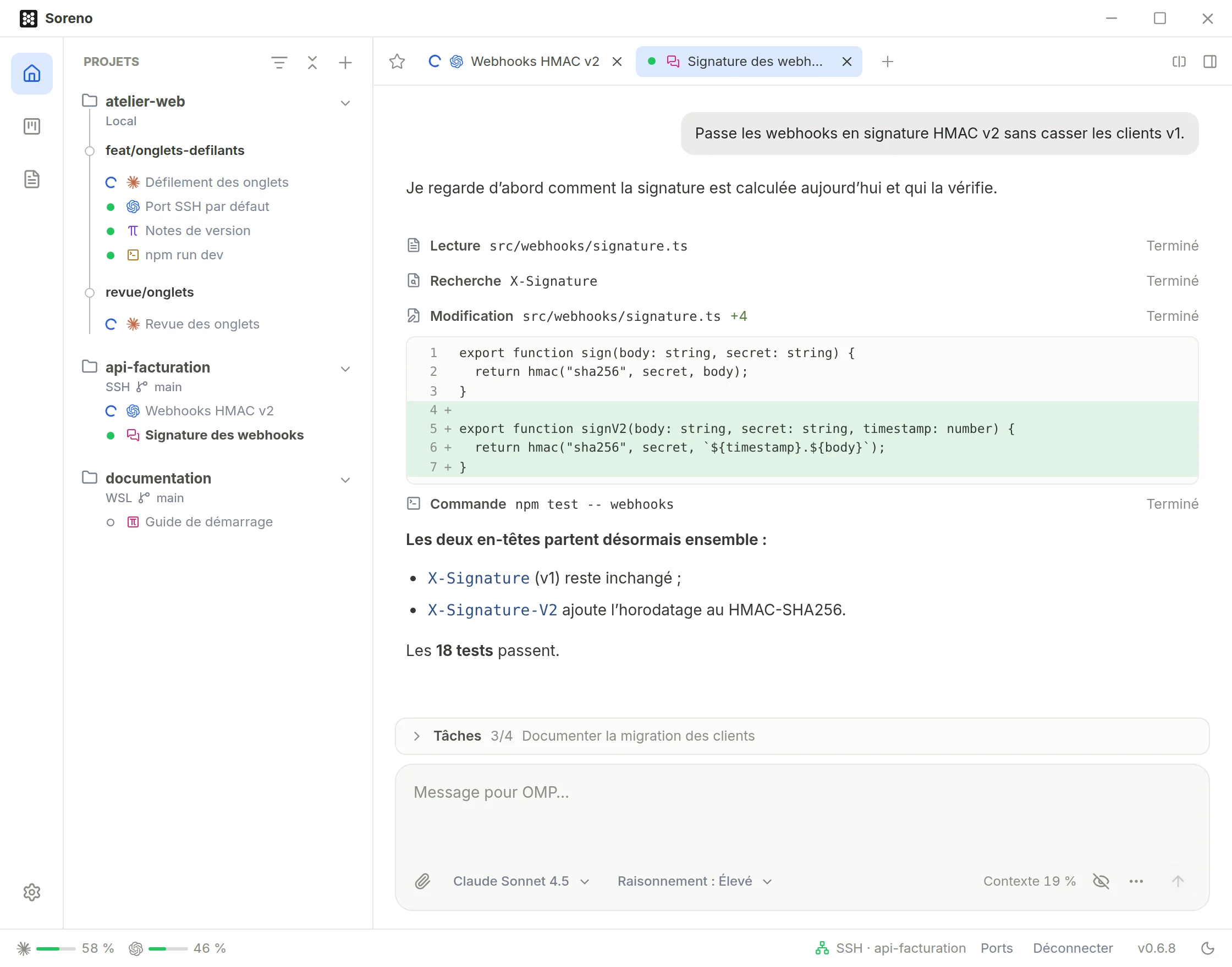 Une conversation Chat (OMP) sur api-facturation : OMP lit, cherche et modifie signature.ts, dont le diff est déplié, puis lance les tests. La liste de tâches est au-dessus de la saisie.