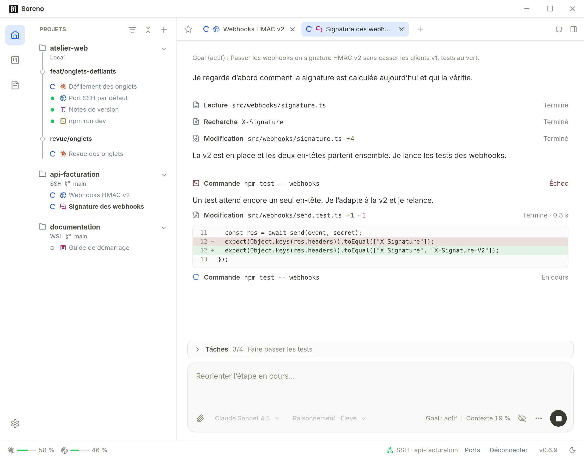 Le Chat (OMP) pendant qu’il poursuit son objectif. La conversation s’ouvre sur « Goal (actif) », puis OMP modifie la signature, lance les tests qui échouent, adapte le test et les relance. Sous la zone de saisie, l’indicateur « Goal : actif » est à côté du contexte.