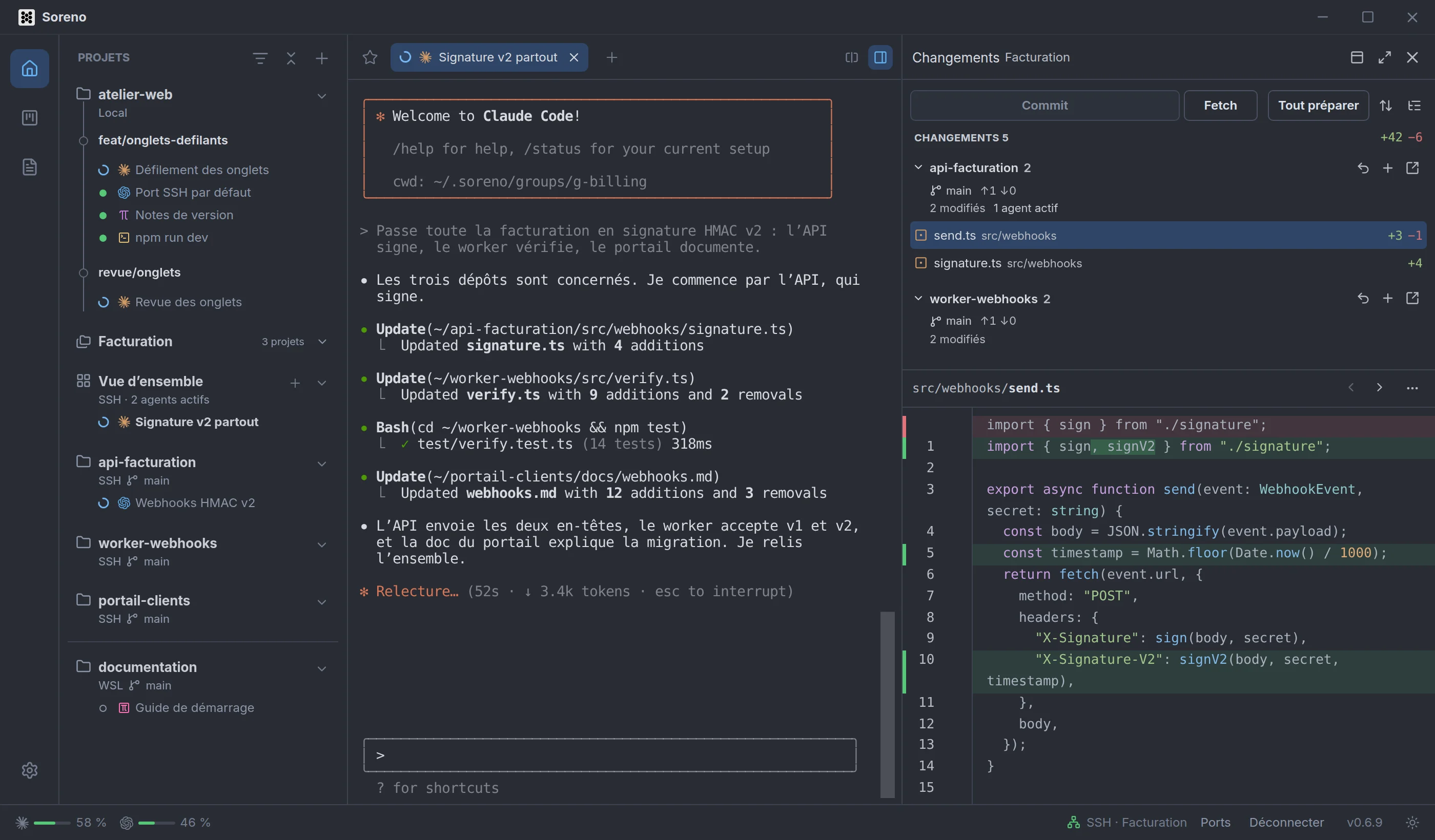 Le groupe Facturation dans Soreno : sa vue d’ensemble, sur un serveur SSH, avec Claude Code qui modifie api-facturation, worker-webhooks et portail-clients. À droite, les changements des dépôts du groupe et le diff de send.ts.