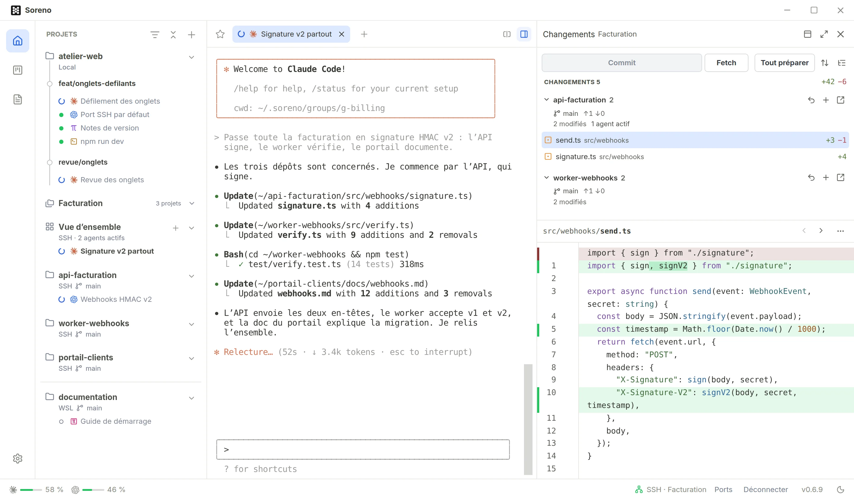 Le groupe Facturation dans Soreno : sa vue d’ensemble, sur un serveur SSH, avec Claude Code qui modifie api-facturation, worker-webhooks et portail-clients. À droite, les changements des dépôts du groupe et le diff de send.ts.