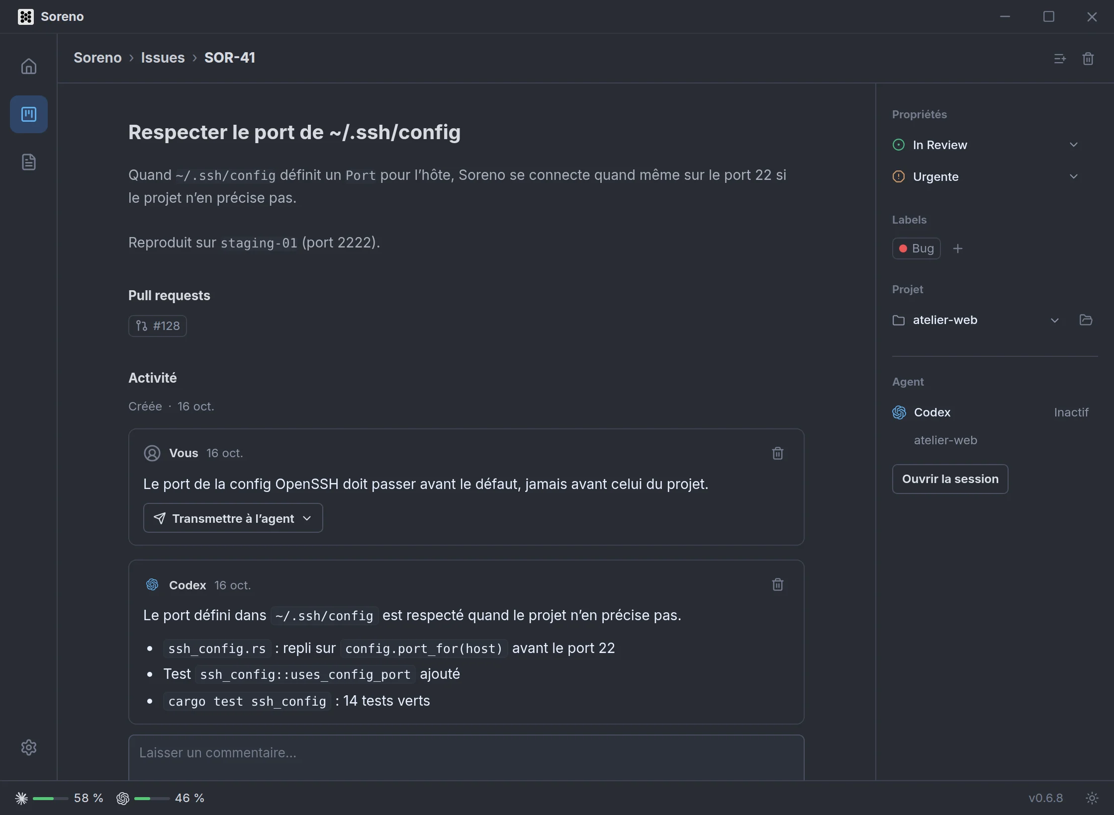 Le détail d’une issue en revue : la description, la pull request liée, la session Codex associée et le résumé laissé par Codex en fin de tâche.