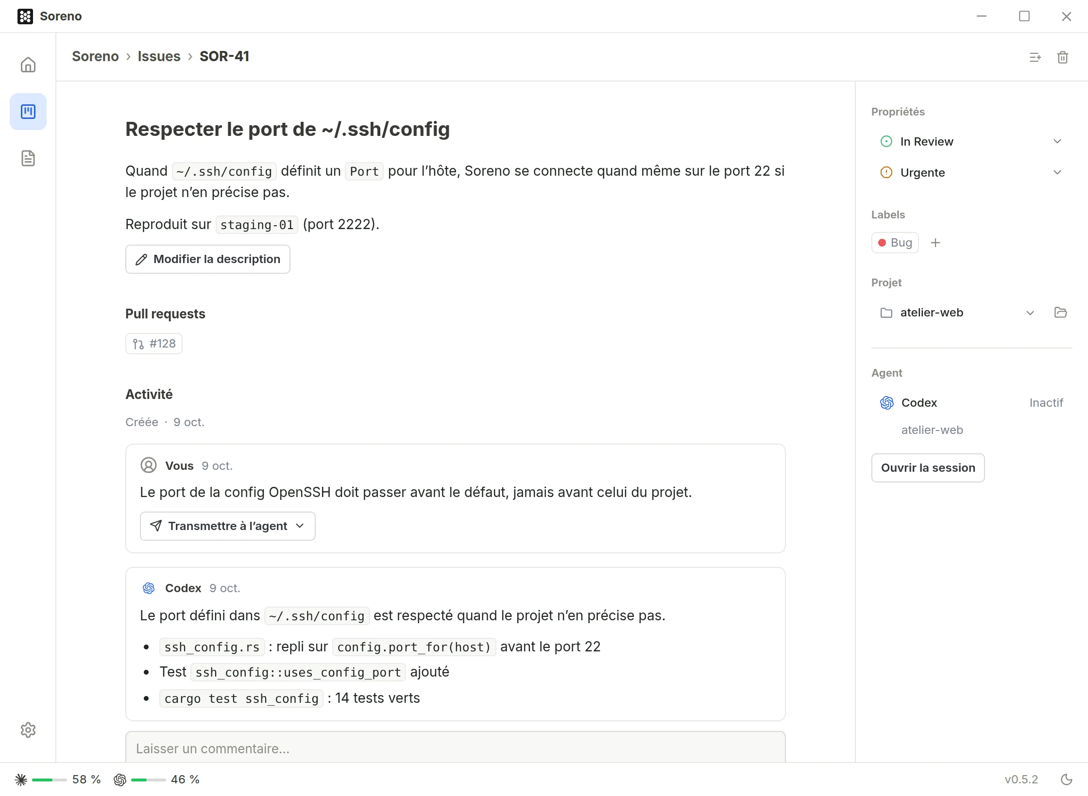 Le détail d’une issue en revue : la description, la pull request liée, la session Codex associée et le résumé laissé par Codex en fin de tâche.