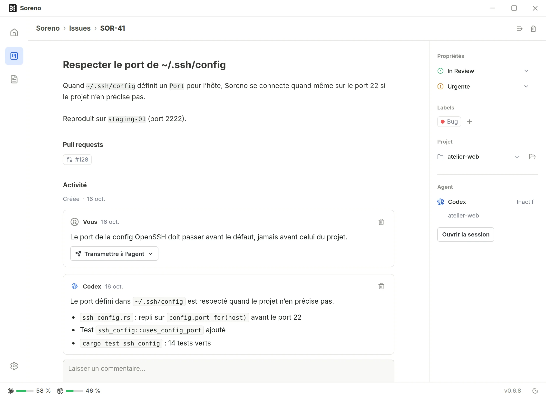 Le détail d’une issue en revue : la description, la pull request liée, la session Codex associée et le résumé laissé par Codex en fin de tâche.